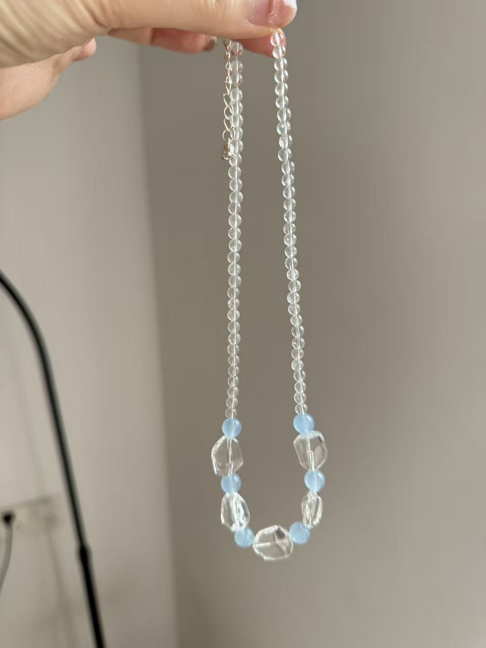Clear Quartz & Light Blue Crystal Beaded Necklace | Adjustable Silver Choke N26