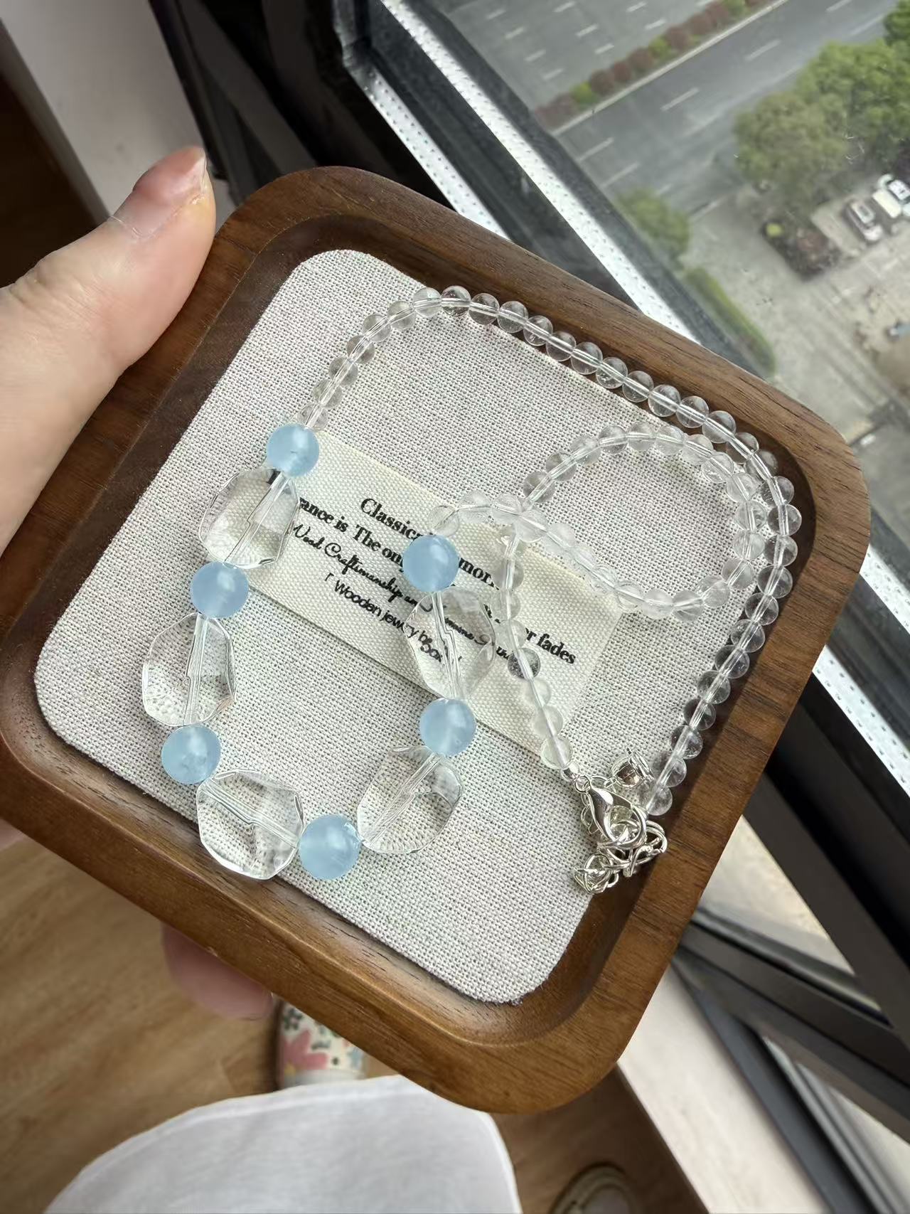 Clear Quartz & Light Blue Crystal Beaded Necklace | Adjustable Silver Choke N26