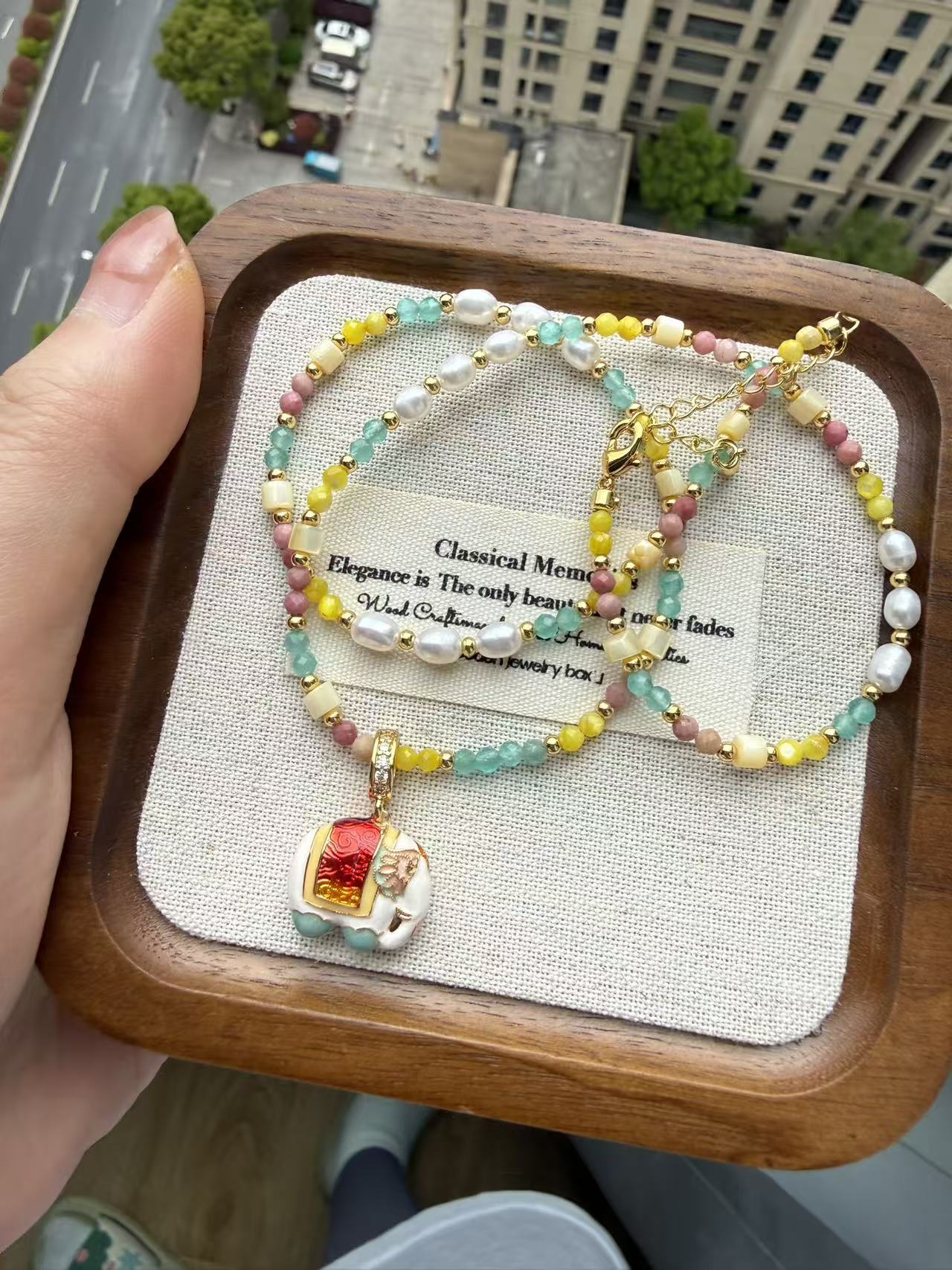 Colorful Beaded Bracelet with Enamel Elephant Charm | Freshwater Pearl & Pastel Stone Beaded Bracelet N17