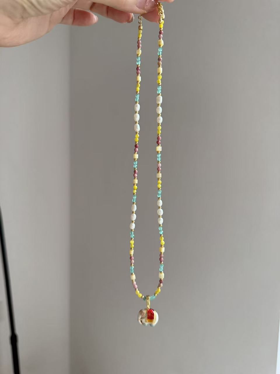 Colorful Beaded Bracelet with Enamel Elephant Charm | Freshwater Pearl & Pastel Stone Beaded Bracelet N17