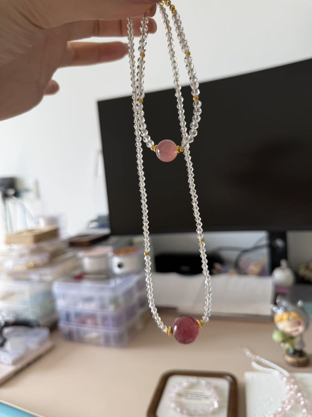 Clear Faceted Crystal Choker with Red Strawberry Quartz Center Bead | Gold Accent Necklace N20
