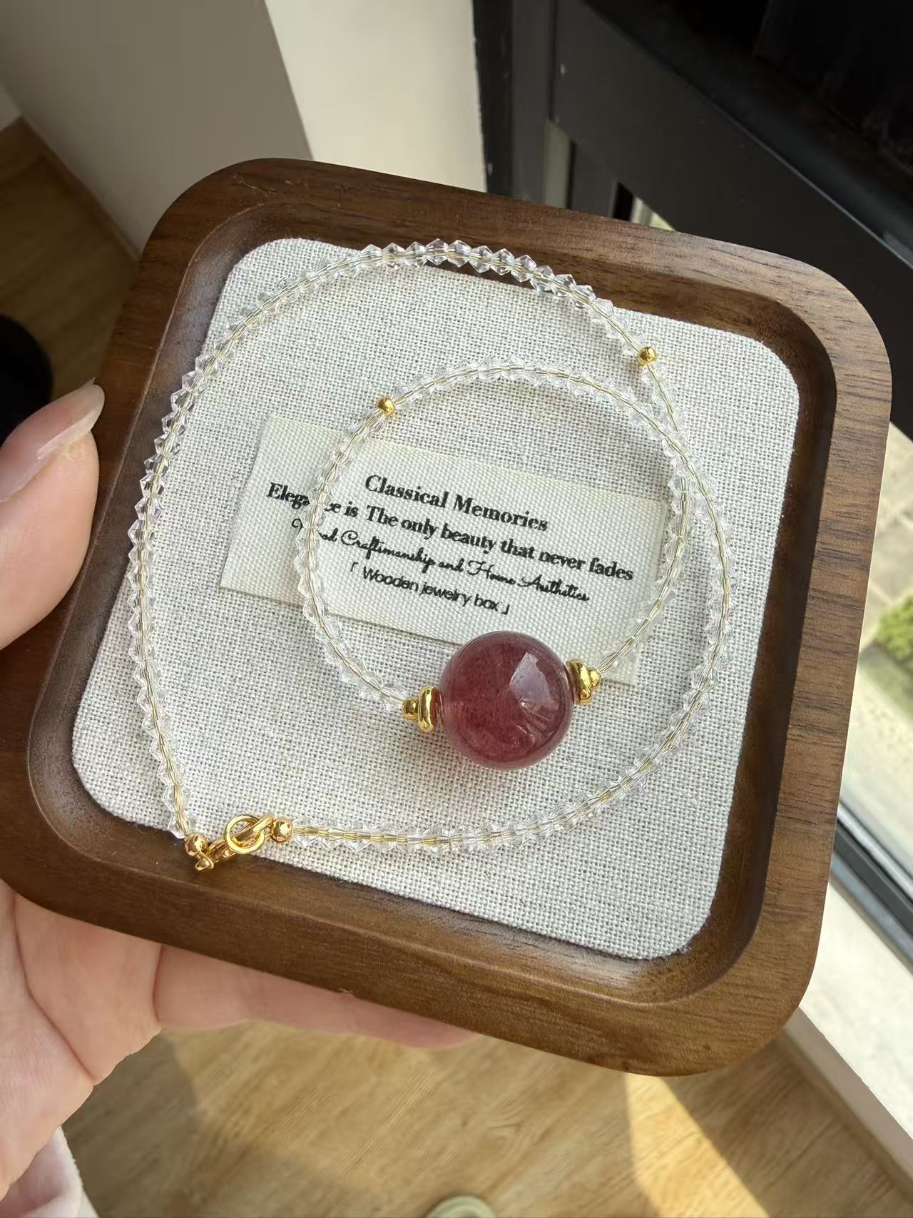 Clear Faceted Crystal Choker with Red Strawberry Quartz Center Bead | Gold Accent Necklace N20