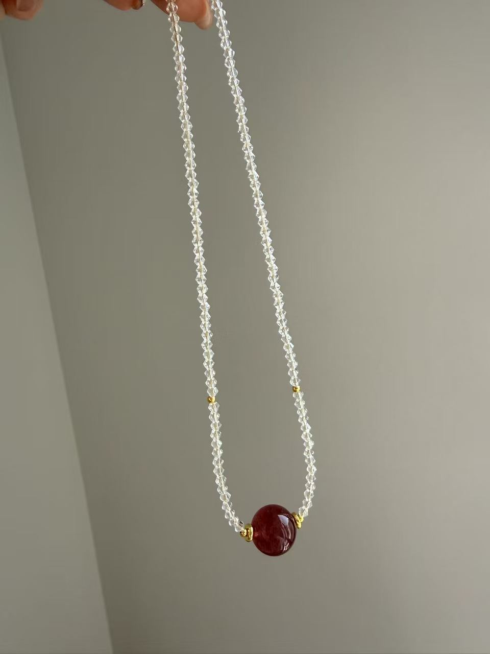 Clear Faceted Crystal Choker with Red Strawberry Quartz Center Bead | Gold Accent Necklace N20
