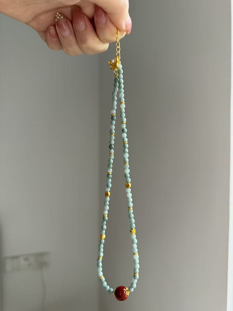 Light Green Jade Beaded Necklace with Red Agate Center Bead & Gold Accents | Adjustable Choker N28