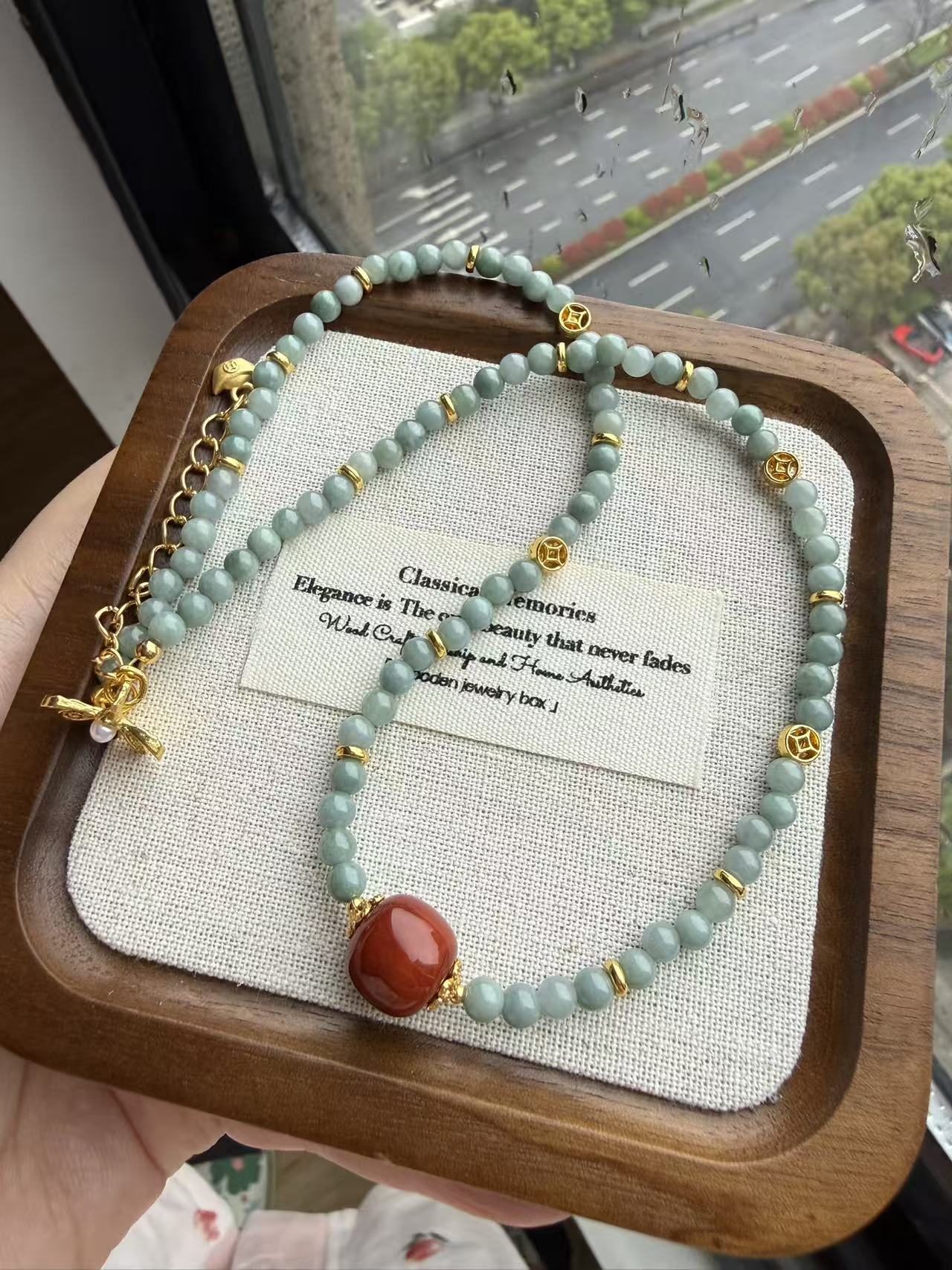 Light Green Jade Beaded Necklace with Red Agate Center Bead & Gold Accents | Adjustable Choker N28