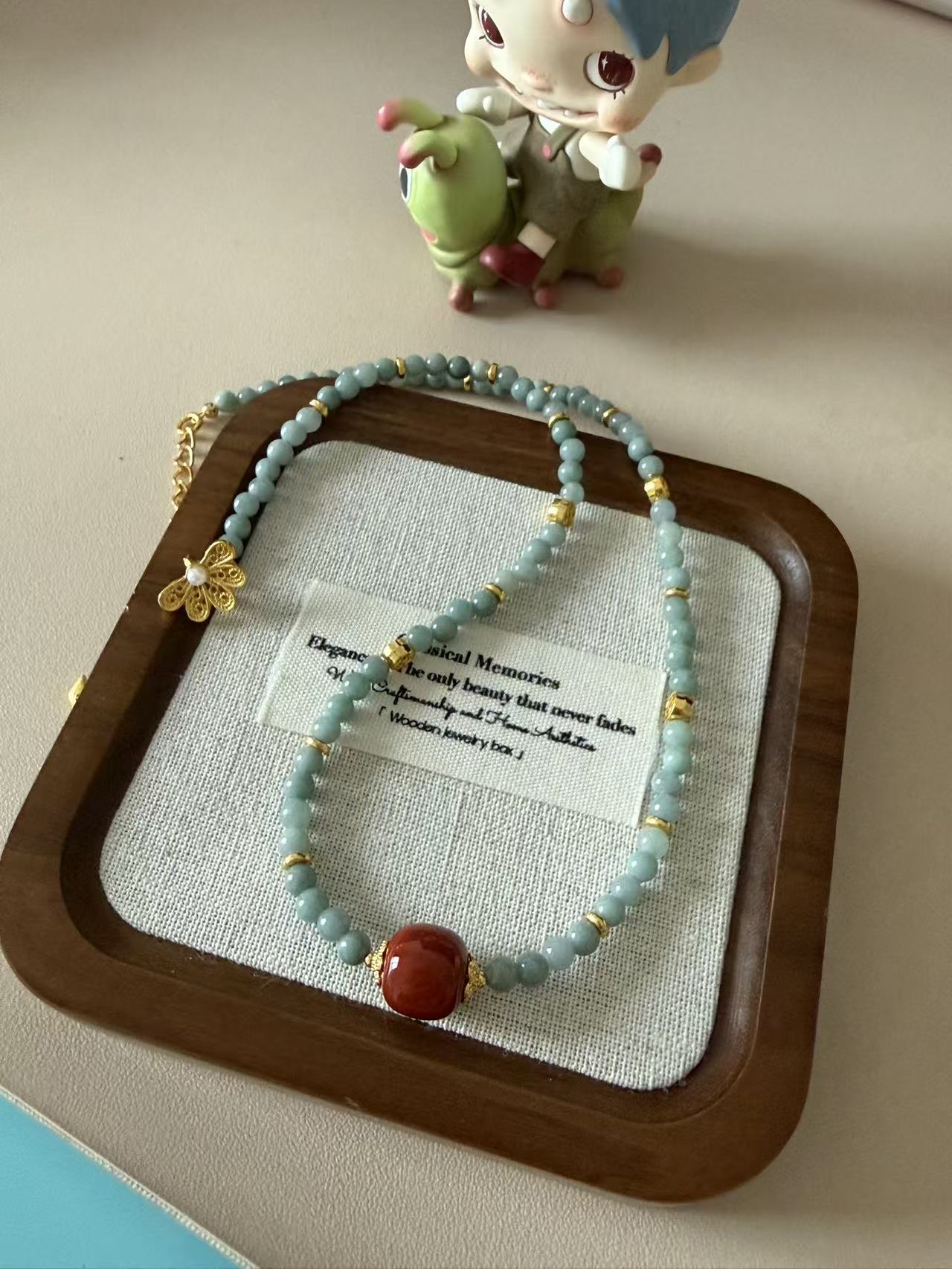 Light Green Jade Beaded Necklace with Red Agate Center Bead & Gold Accents | Adjustable Choker N28