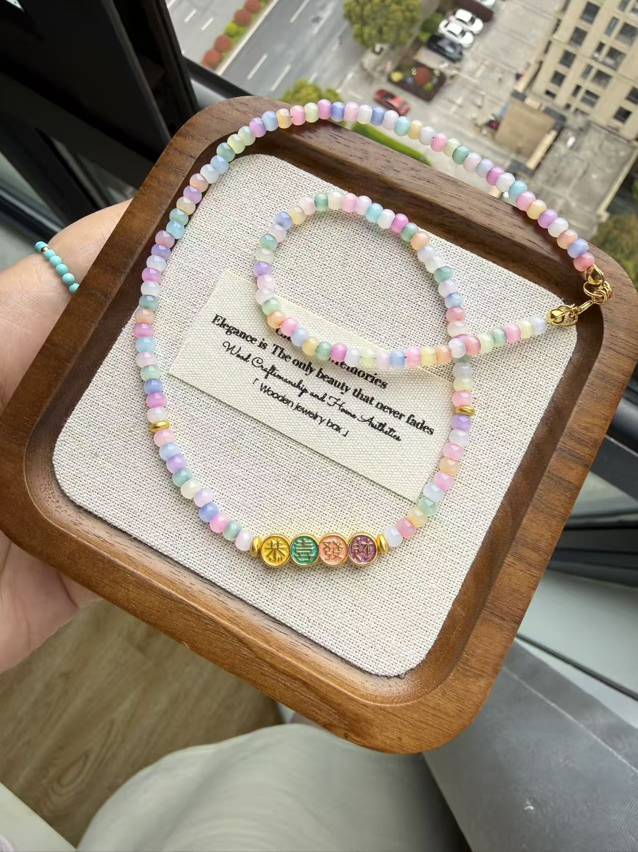 Pastel Rainbow Beaded Necklace with Enamel “Joy” Charms | Adjustable Gold Plated Choker N18