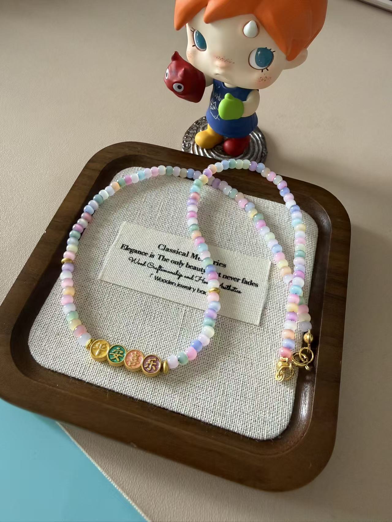 Pastel Rainbow Beaded Necklace with Enamel “Joy” Charms | Adjustable Gold Plated Choker N18