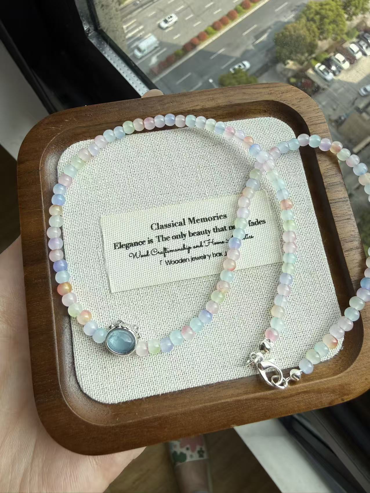 Pastel Multicolor Morganite Beaded Necklace with Blue Stone Center | Adjustable Silver Choker N01