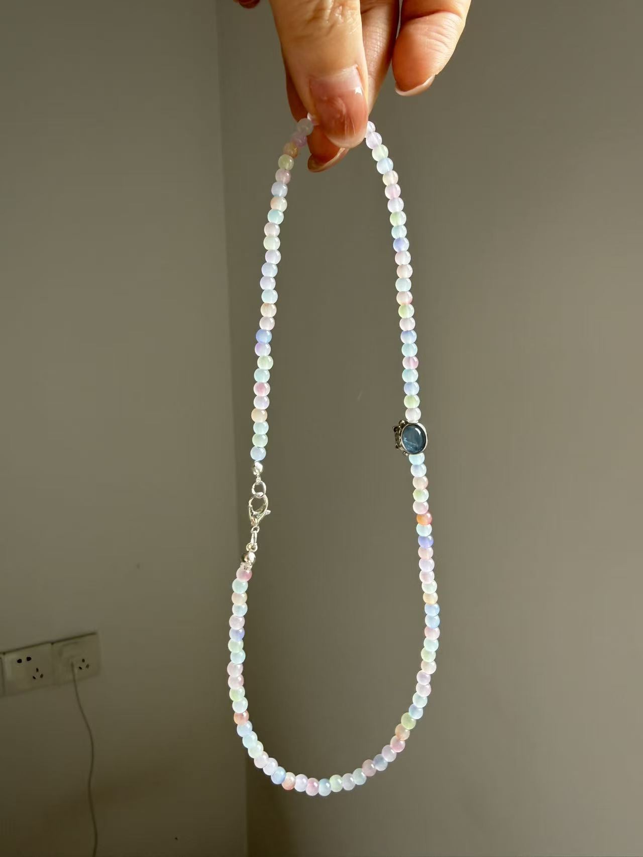 Pastel Multicolor Morganite Beaded Necklace with Blue Stone Center | Adjustable Silver Choker N01