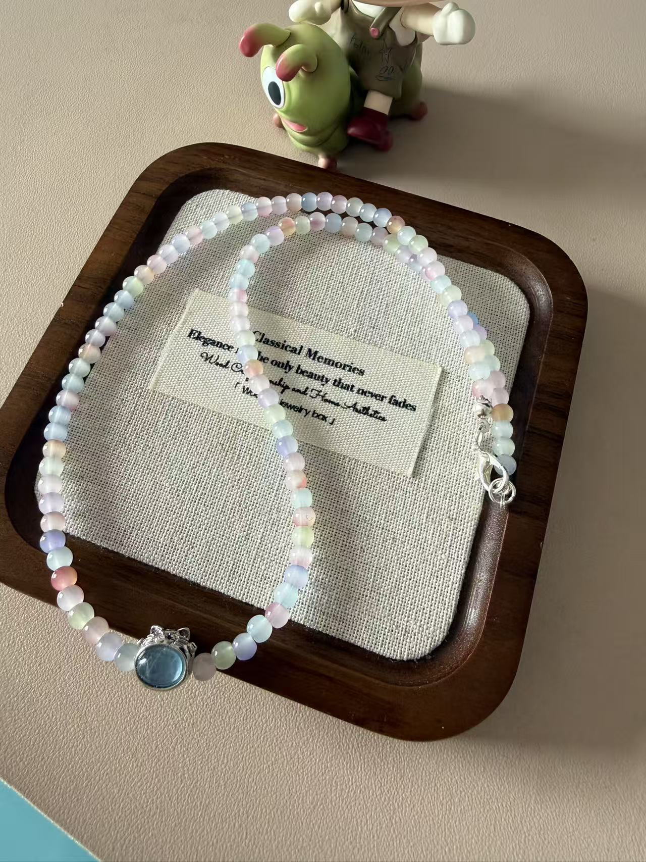 Pastel Multicolor Morganite Beaded Necklace with Blue Stone Center | Adjustable Silver Choker N01