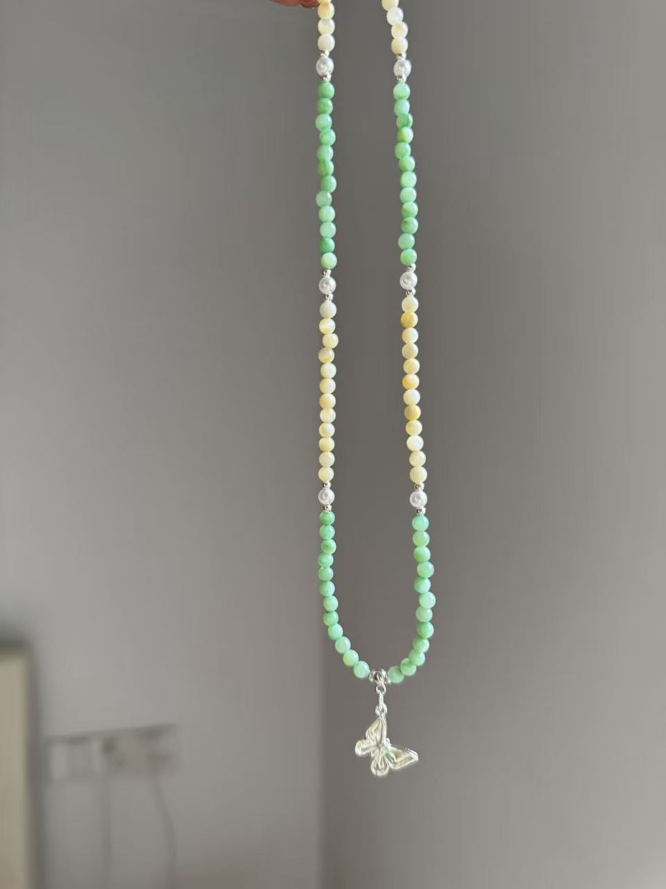Green & Yellow Shell Pearl Beaded Necklace with Silver Butterfly Pendant | Adjustable Choker N21