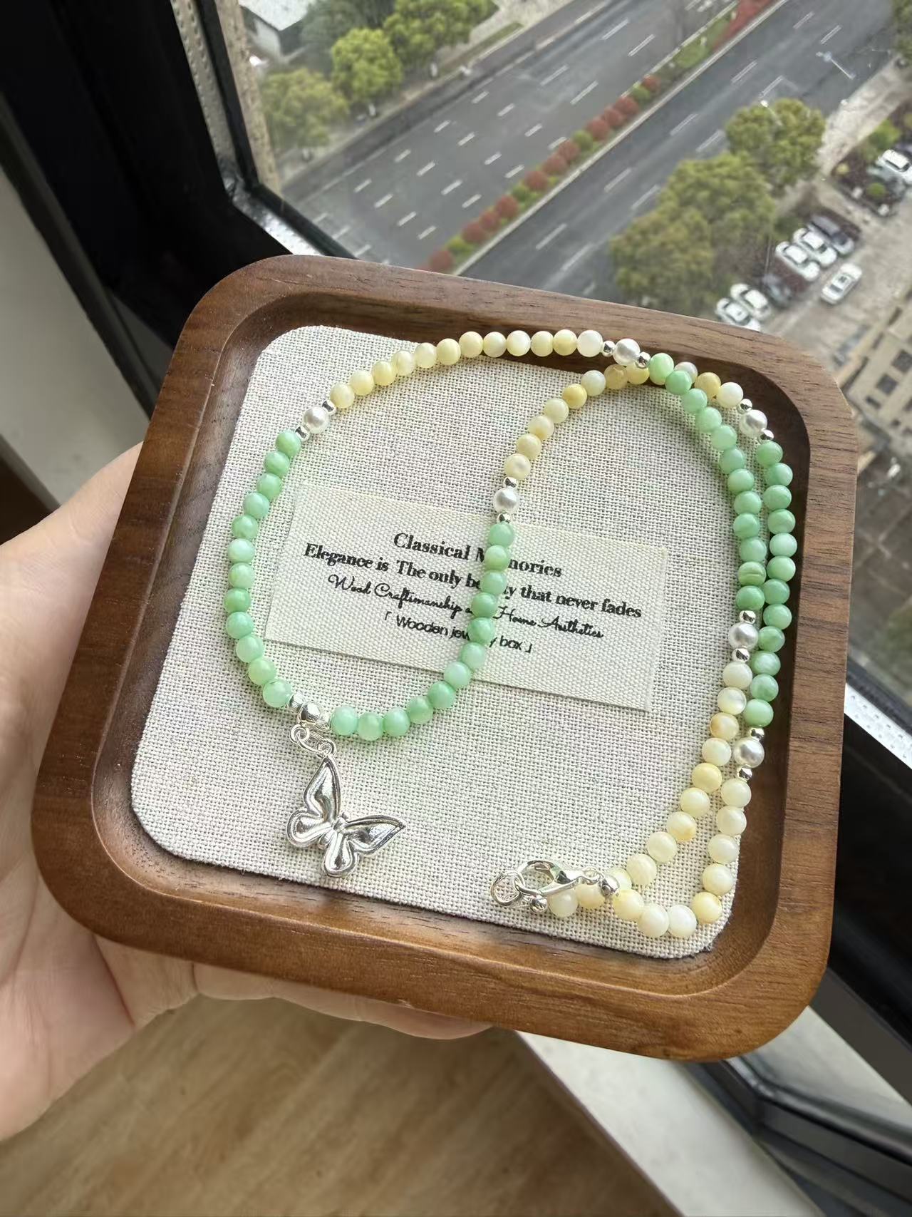 Green & Yellow Shell Pearl Beaded Necklace with Silver Butterfly Pendant | Adjustable Choker N21