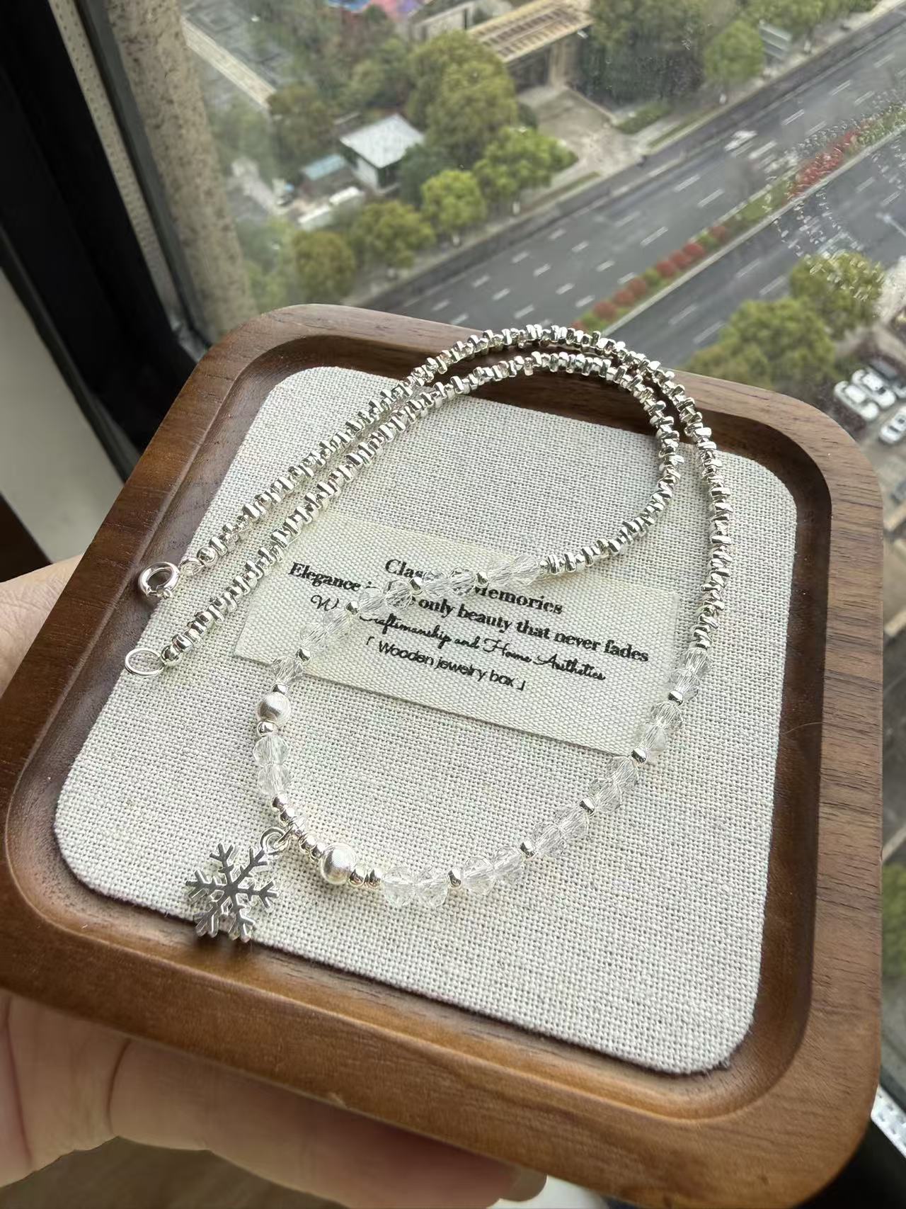 Silver Crushed Bead & Fuzzy Yarn Necklace with Snowflake Charm | Adjustable Winter Choker N46
