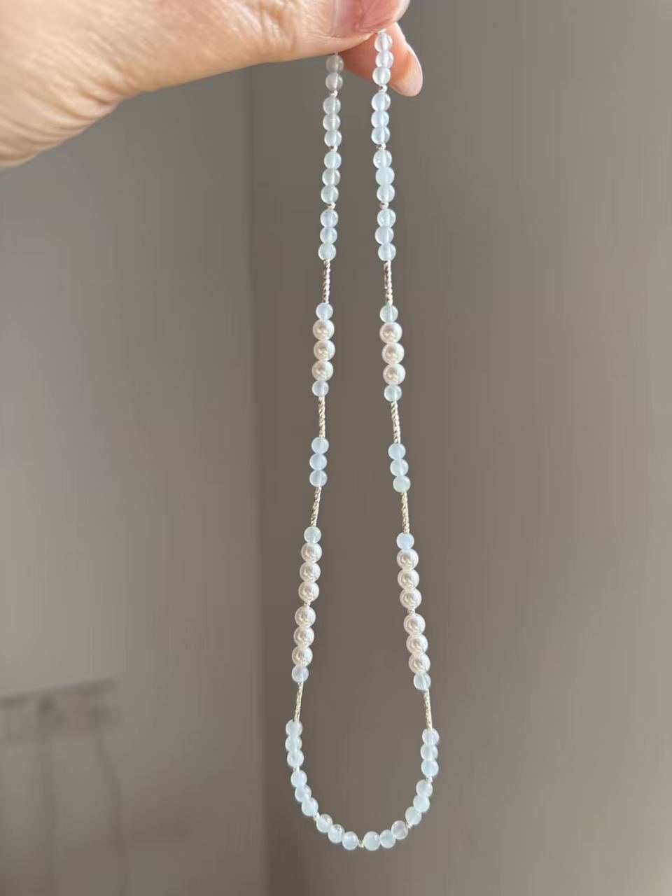 Pale Blue Cat's Eye Beaded Choker with Silver Spacers | Adjustable Necklace N24
