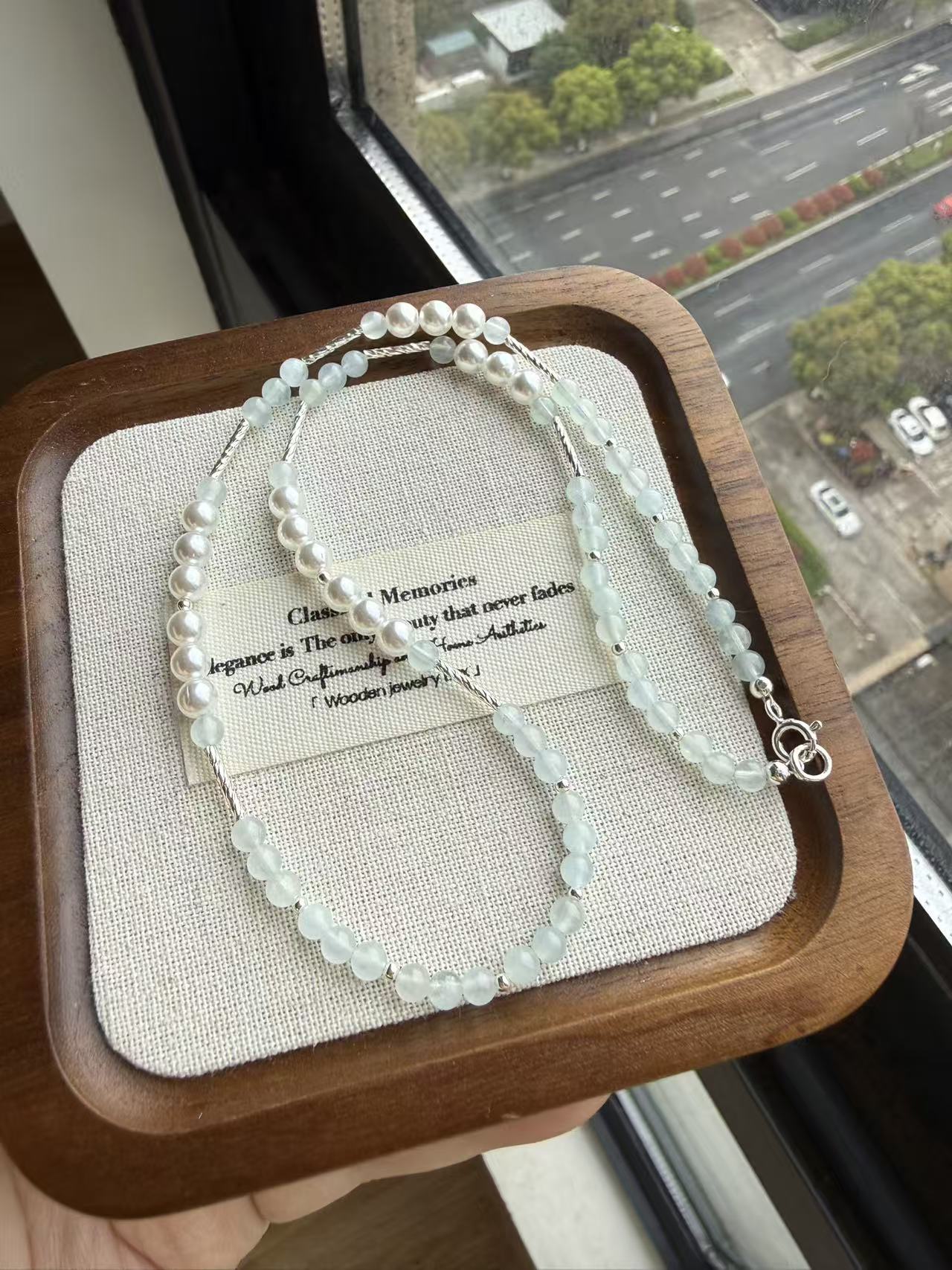 Pale Blue Cat's Eye Beaded Choker with Silver Spacers | Adjustable Necklace N24