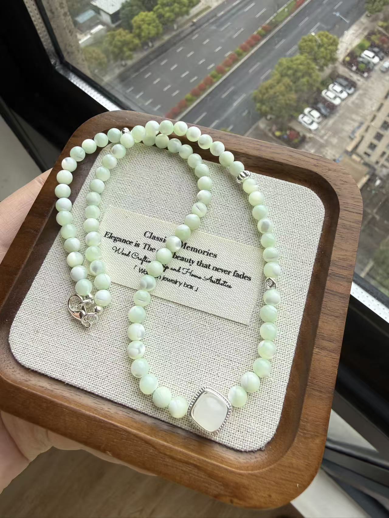 Mint Green Shell Bead Necklace with Square Pendant N30