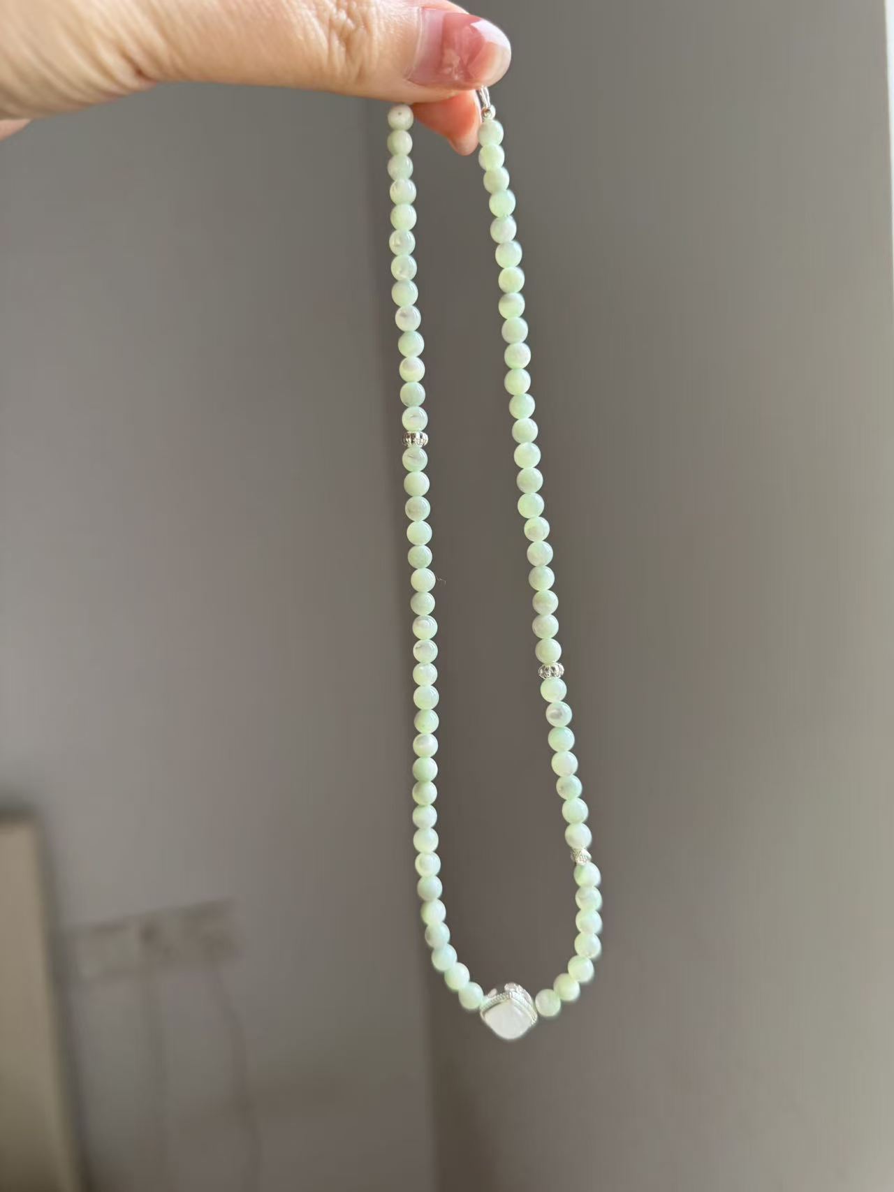 Mint Green Shell Bead Necklace with Square Pendant N30