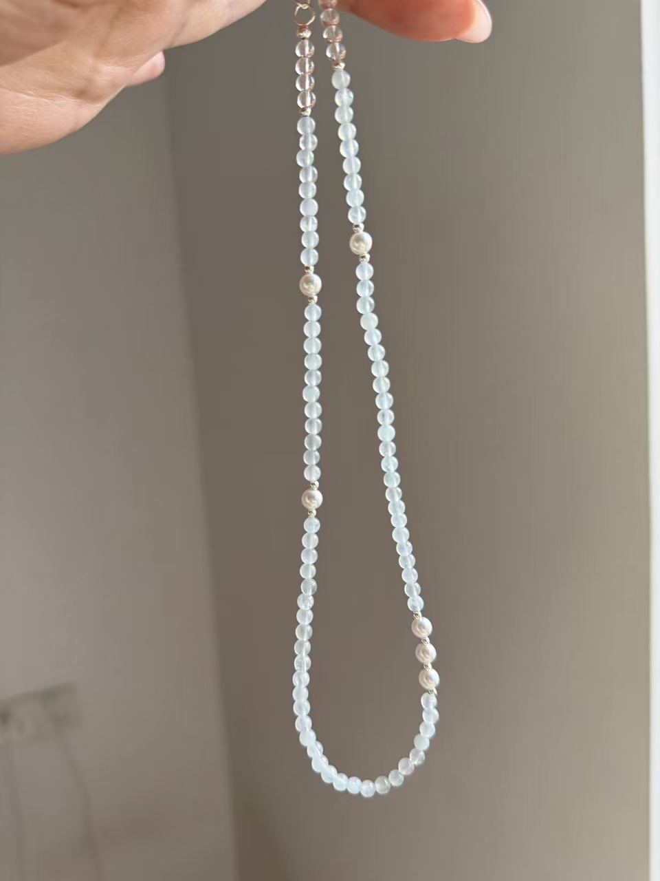 Pale Blue Cat's Eye Beaded Necklace with Freshwater Pearl Accents | Adjustable Choker N29