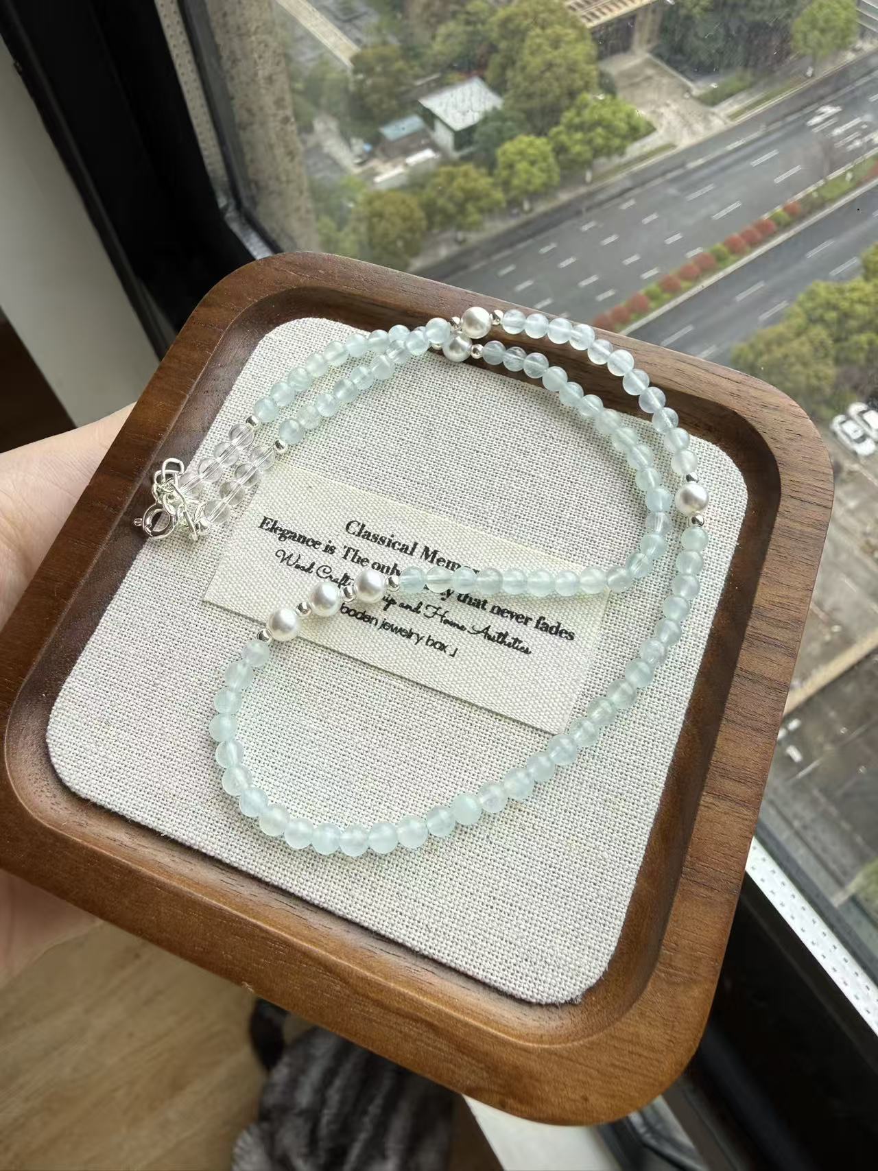 Pale Blue Cat's Eye Beaded Necklace with Freshwater Pearl Accents | Adjustable Choker N29