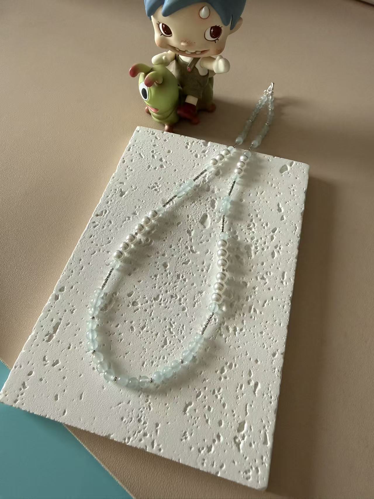 Pale Blue Cat's Eye Beaded Choker with Silver Spacers | Adjustable Necklace N24