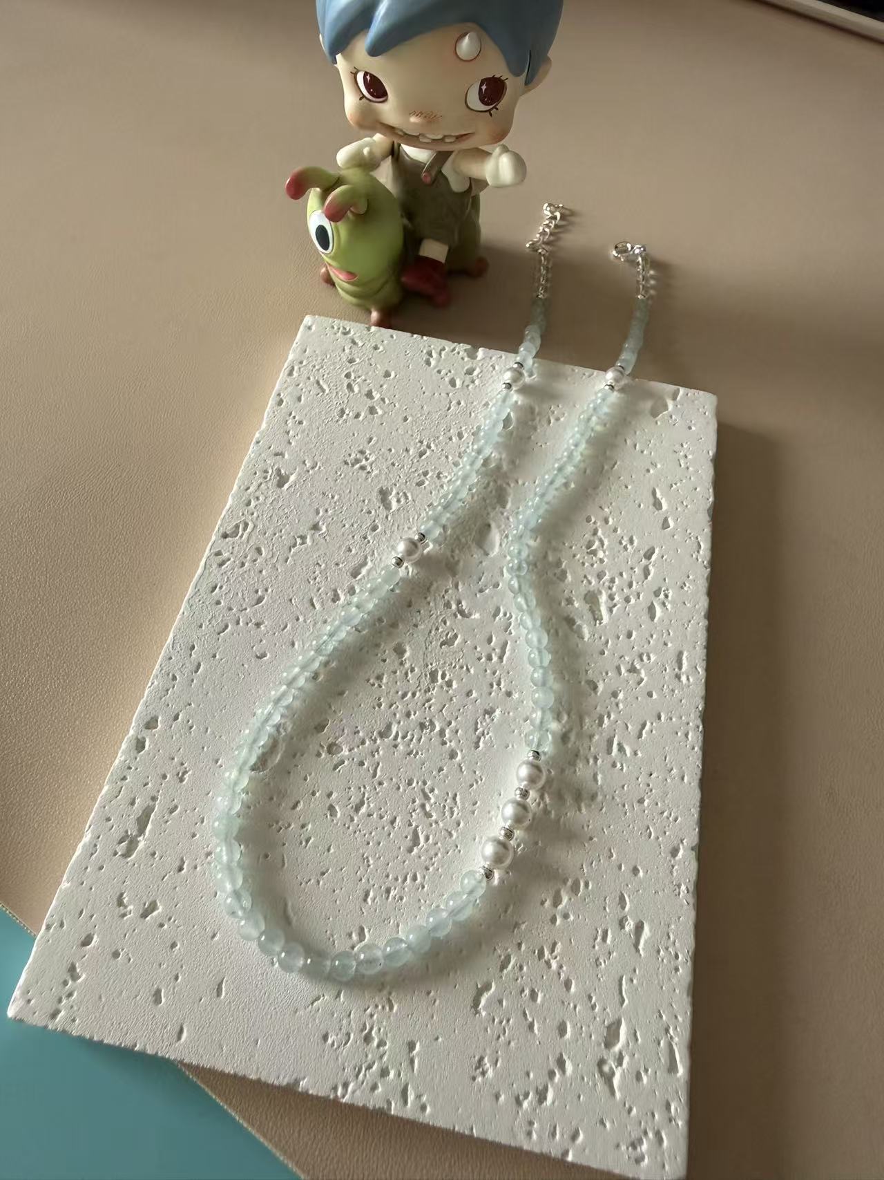 Pale Blue Cat's Eye Beaded Necklace with Freshwater Pearl Accents | Adjustable Choker N29
