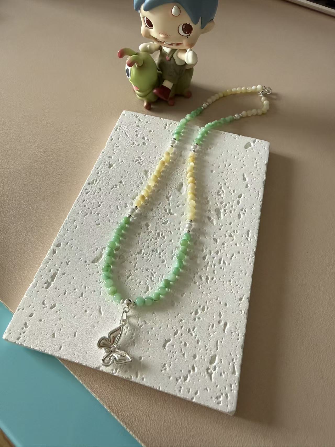 Green & Yellow Shell Pearl Beaded Necklace with Silver Butterfly Pendant | Adjustable Choker N21