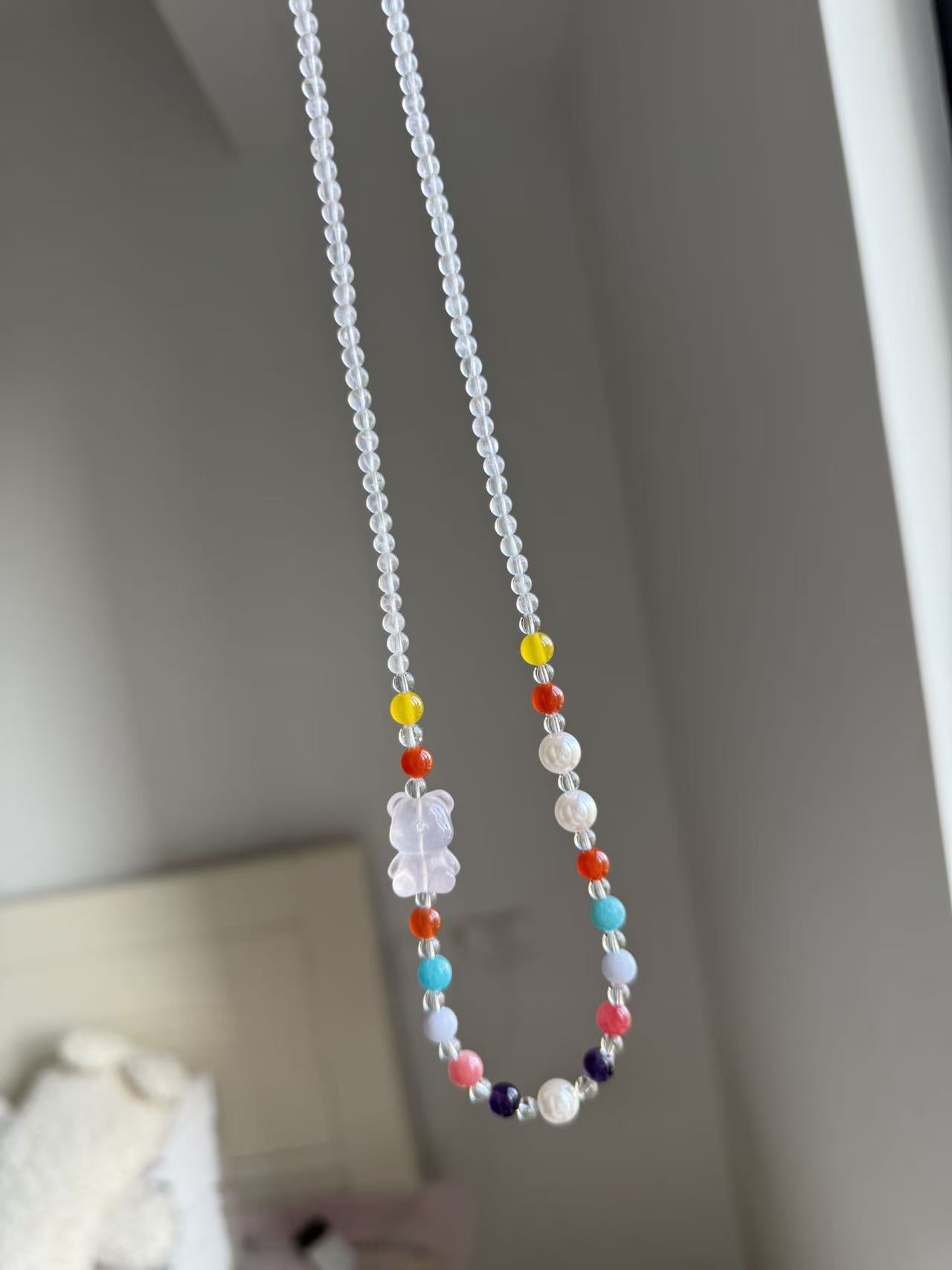 Rose Quartz Teddy Bear Necklace with Multi Gemstone Beads – Handmade Crystal Beaded Jewelry N23