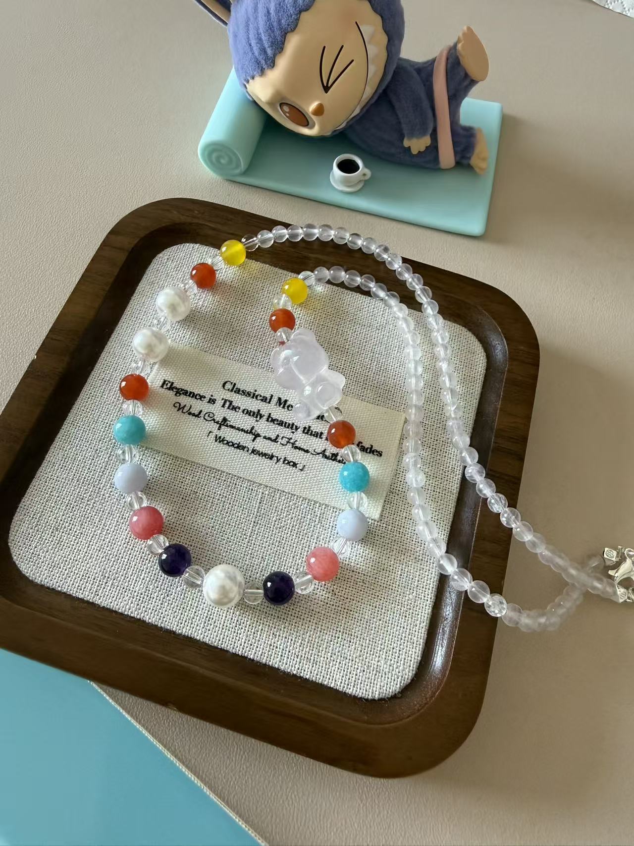 Rose Quartz Teddy Bear Necklace with Multi Gemstone Beads – Handmade Crystal Beaded Jewelry N23