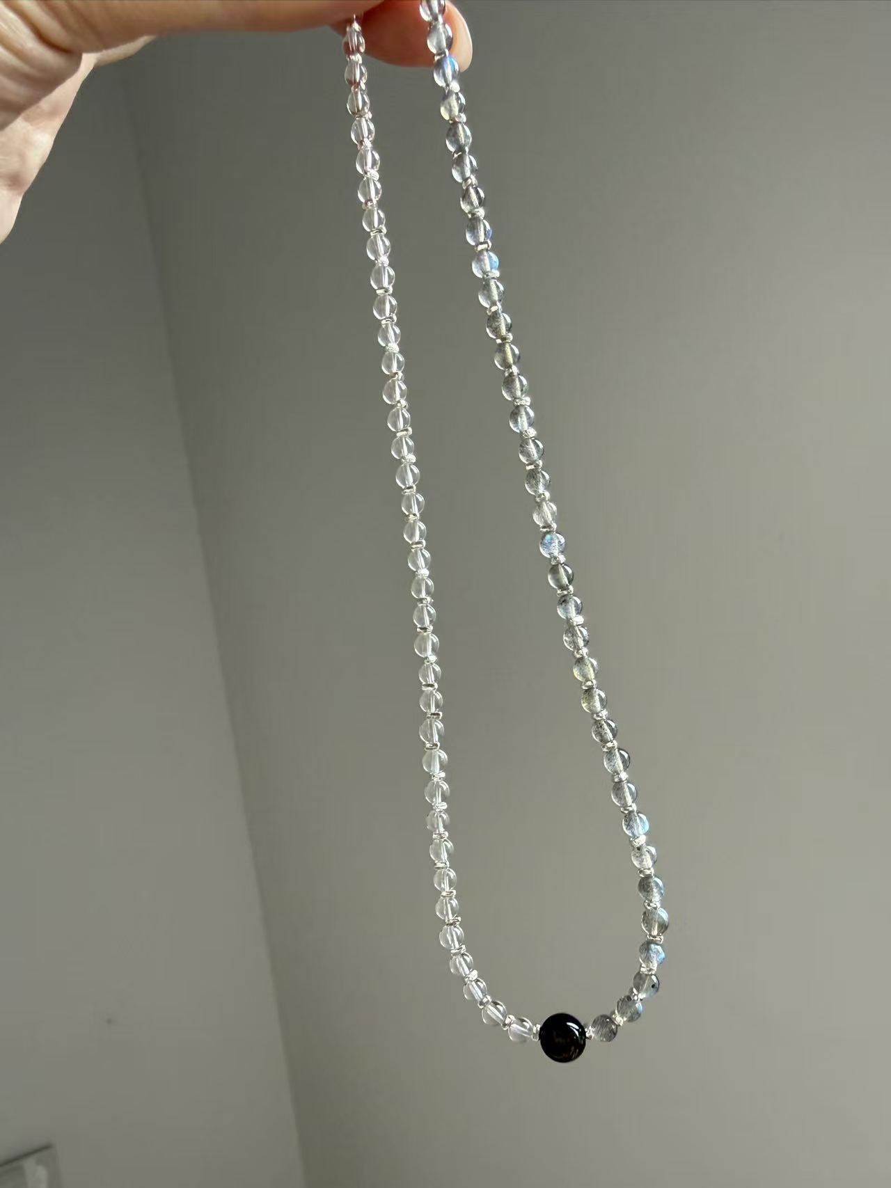 Gray Moonstone & Clear Quartz Beaded Necklace with Black Obsidian Center Bead | Adjustable Choker N25