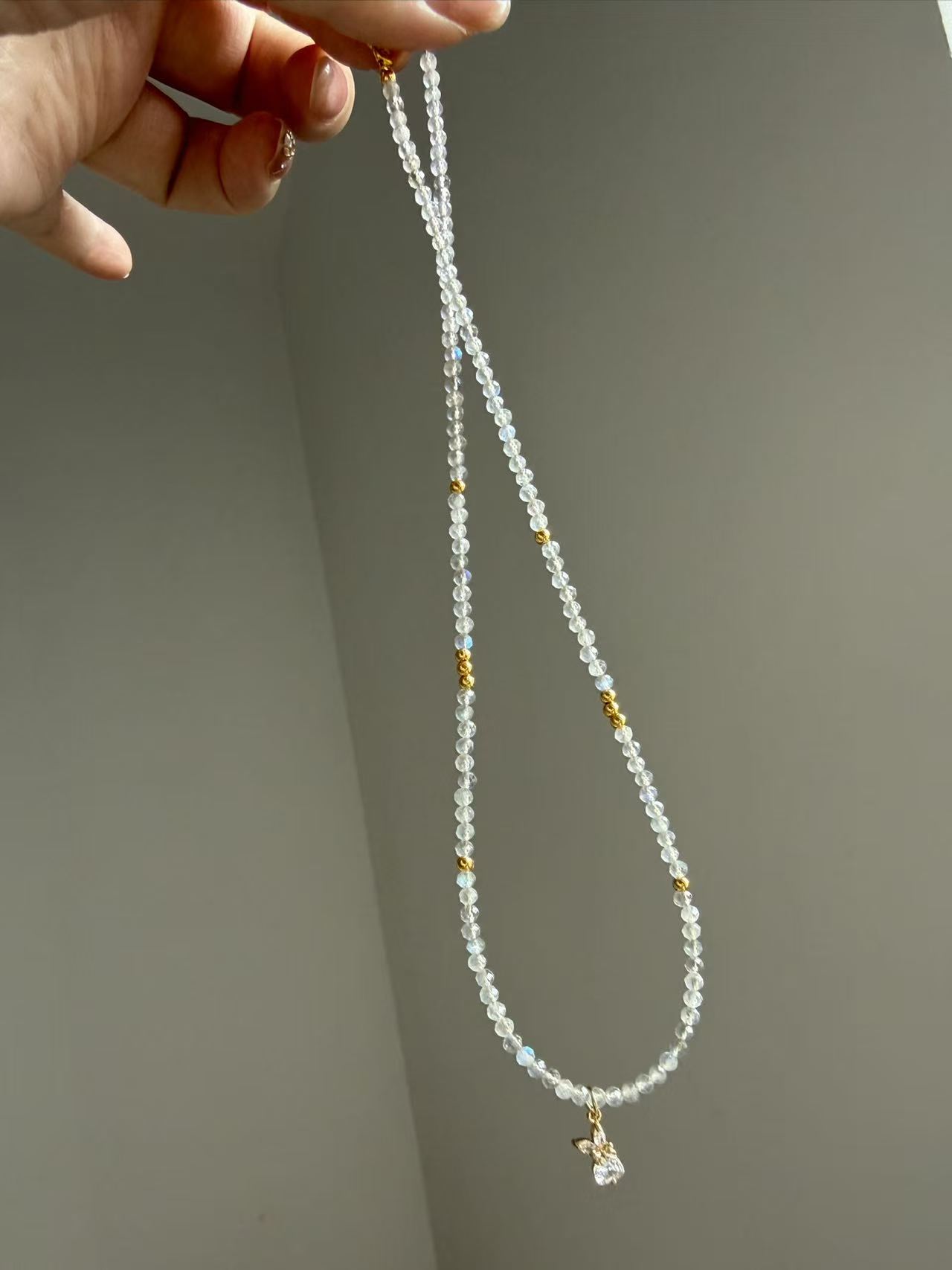 Grey Moonstone Beaded Necklace with Teardrop Pendant N39