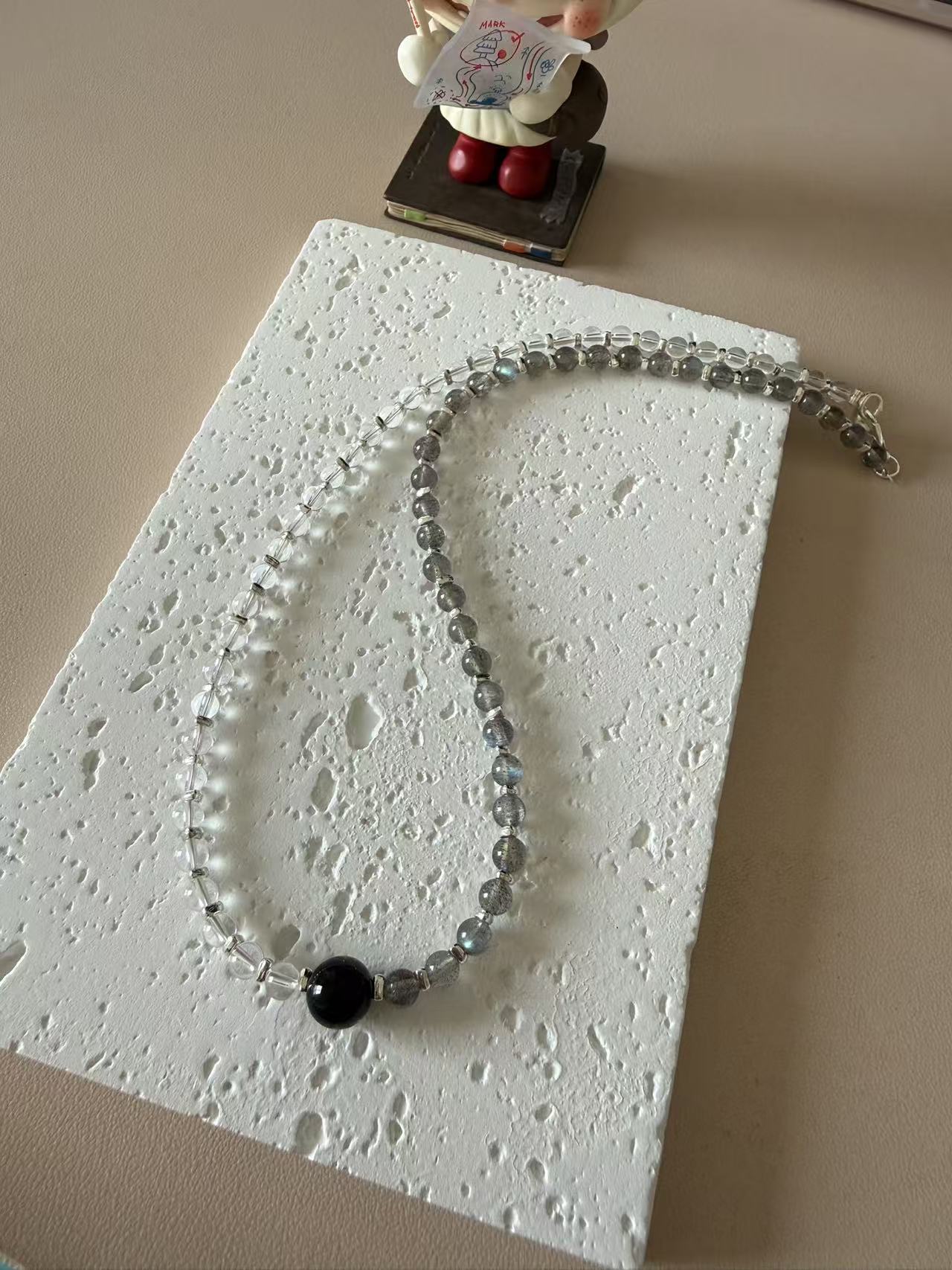 Gray Moonstone & Clear Quartz Beaded Necklace with Black Obsidian Center Bead | Adjustable Choker N25