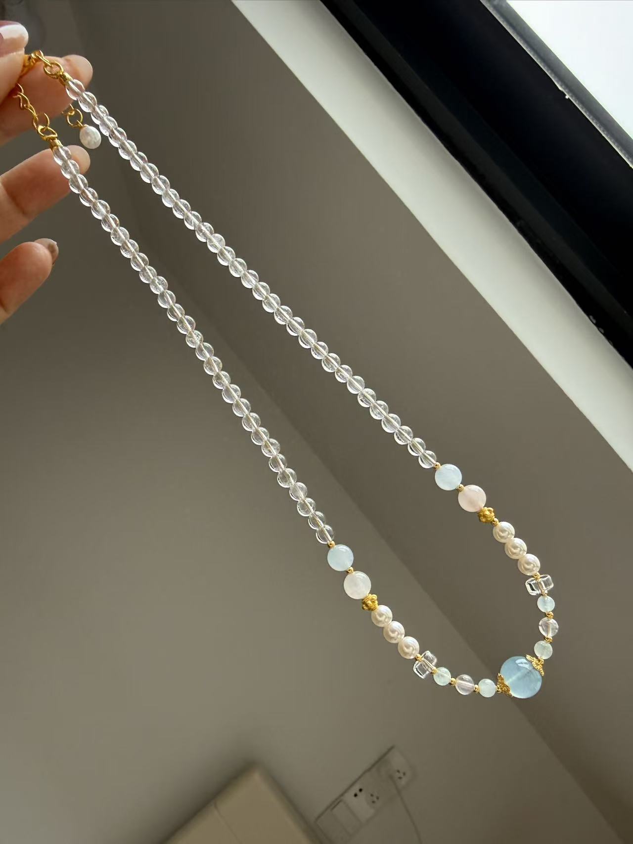 Ocean Whisper Aquamarine & Clear Quartz Beaded Necklace N38