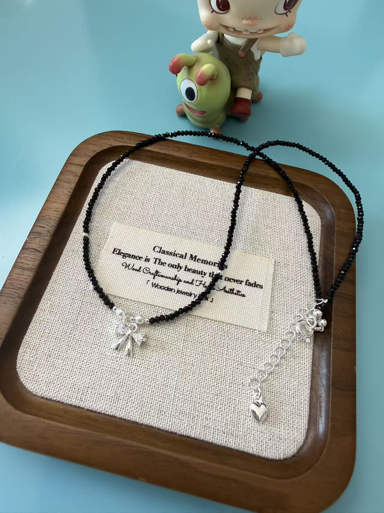 Dainty Black Spinel Beaded Choker with Silver Bow Charm | Adjustable Necklace for Women N92