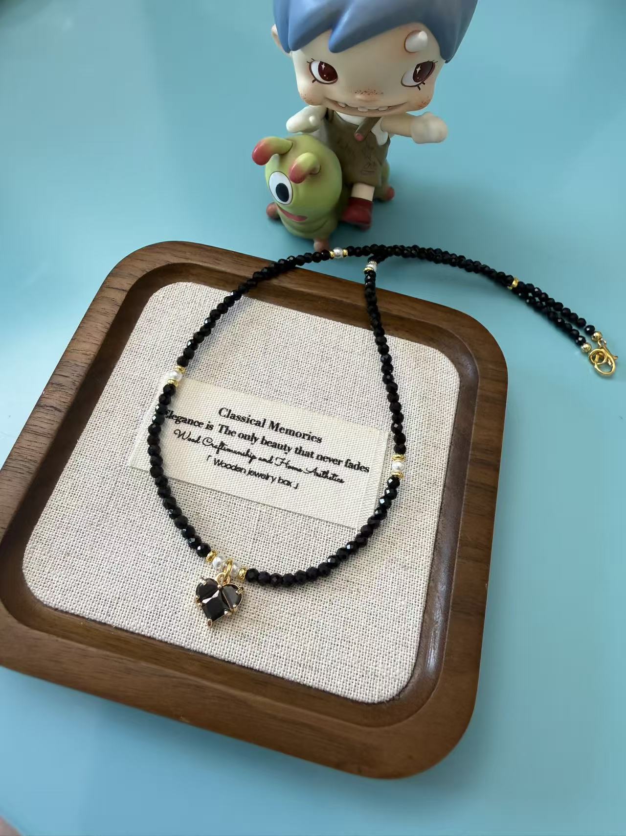 Black Spinel Beaded Necklace with Black Heart Charm | Adjustable Gold Plated Choker N49