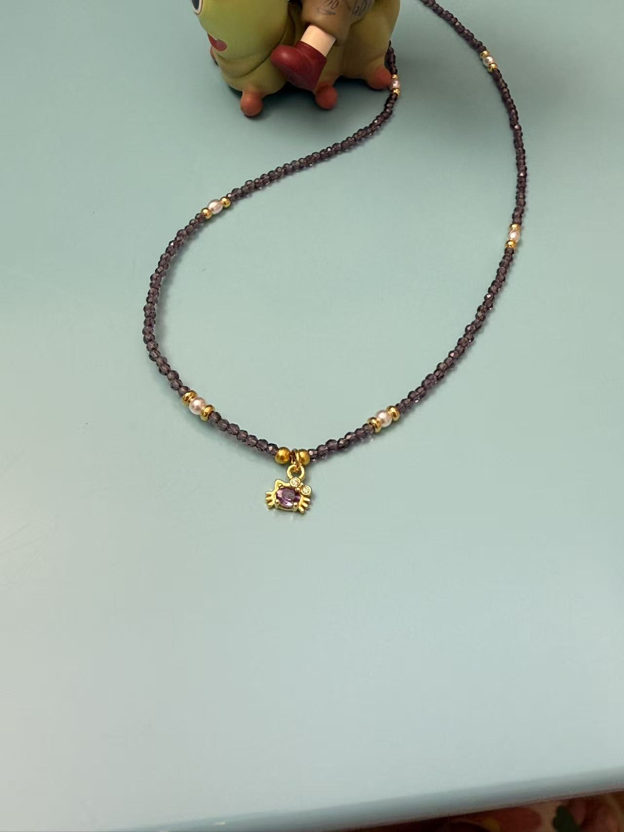 Purple Faceted Crystal Beaded Necklace with Gold Crab Charm | Adjustable Choker N56