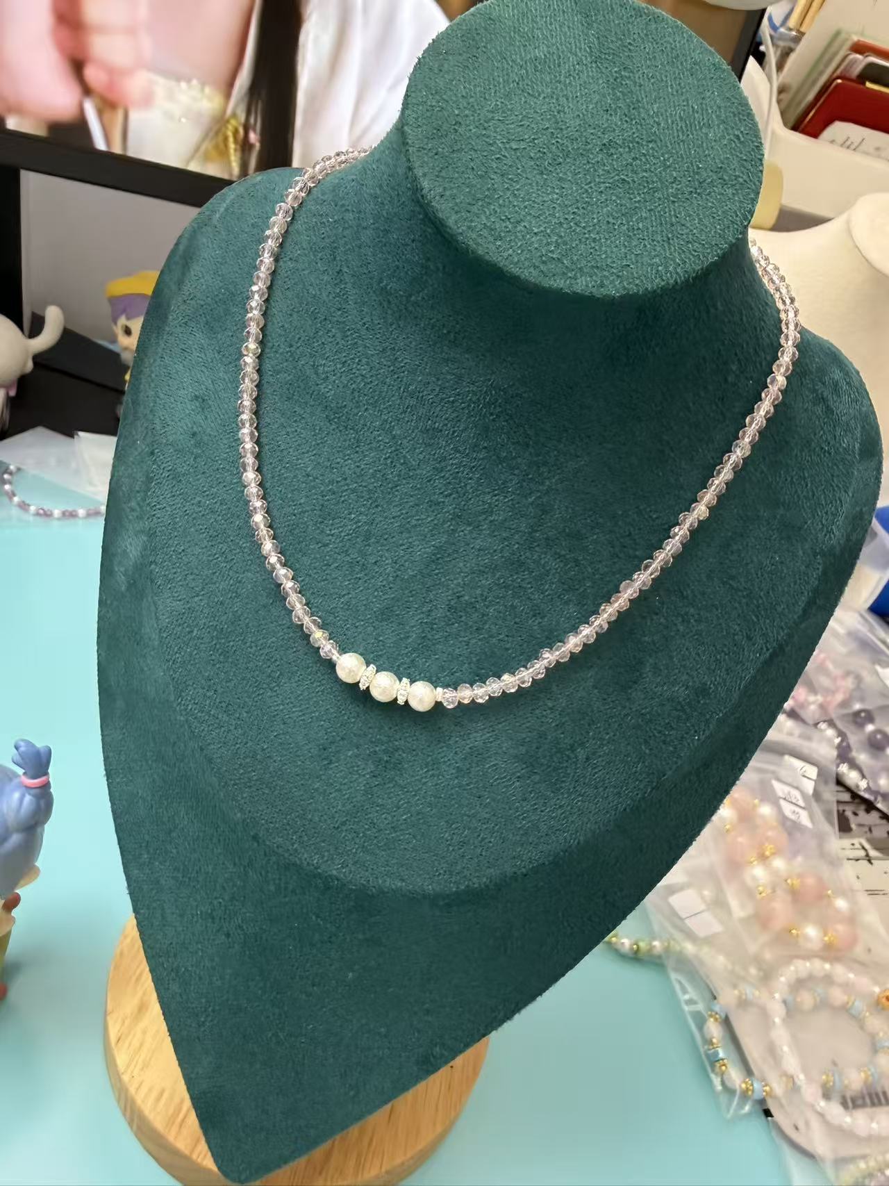 Pink Faceted Crystal & Pearl Beaded Necklace | Adjustable Silver Plated Choker N52