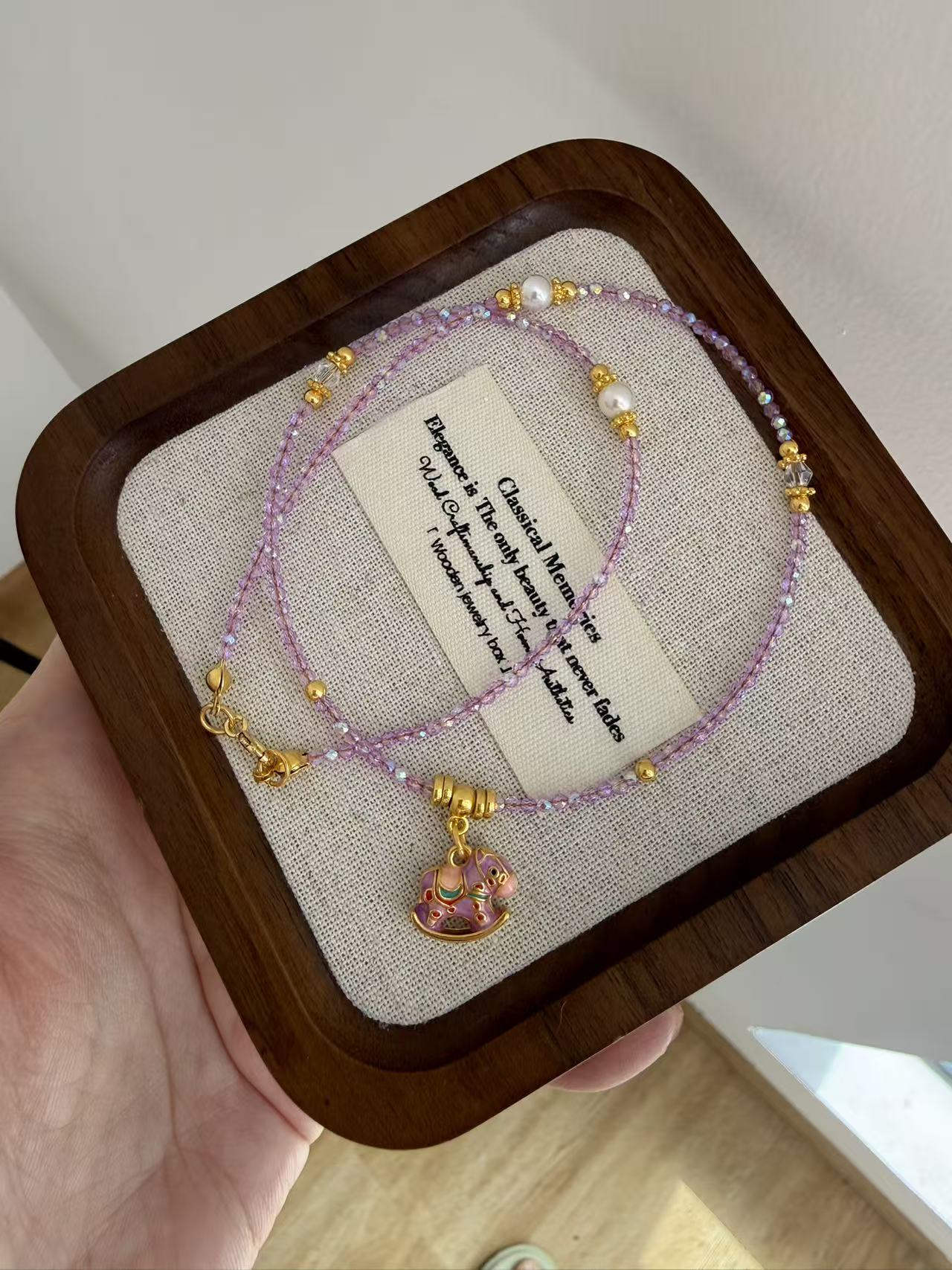 Purple Faceted Crystal & Pearl Beaded Necklace with Gold Carousel Horse Charm N08