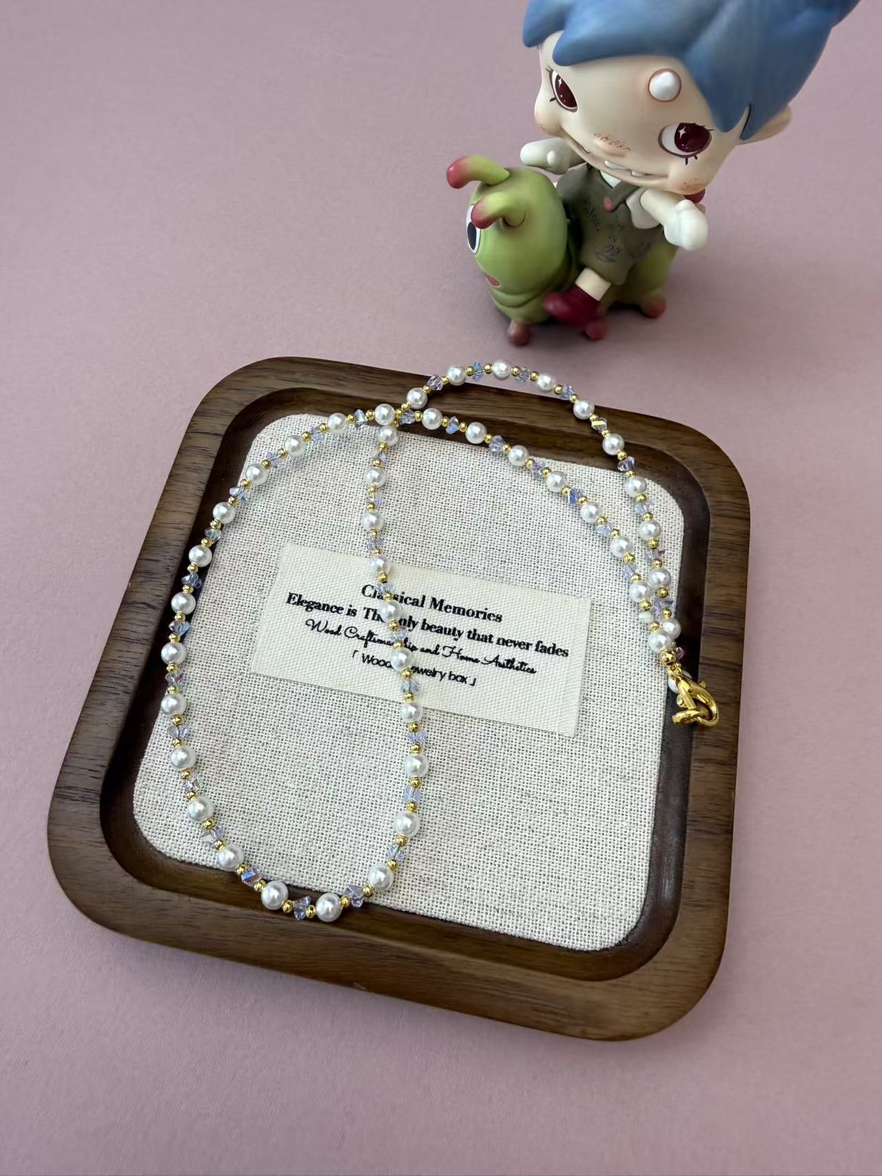 Long Pearl & Crystal Beaded Necklace | Gold Plated Layerable Chain N74