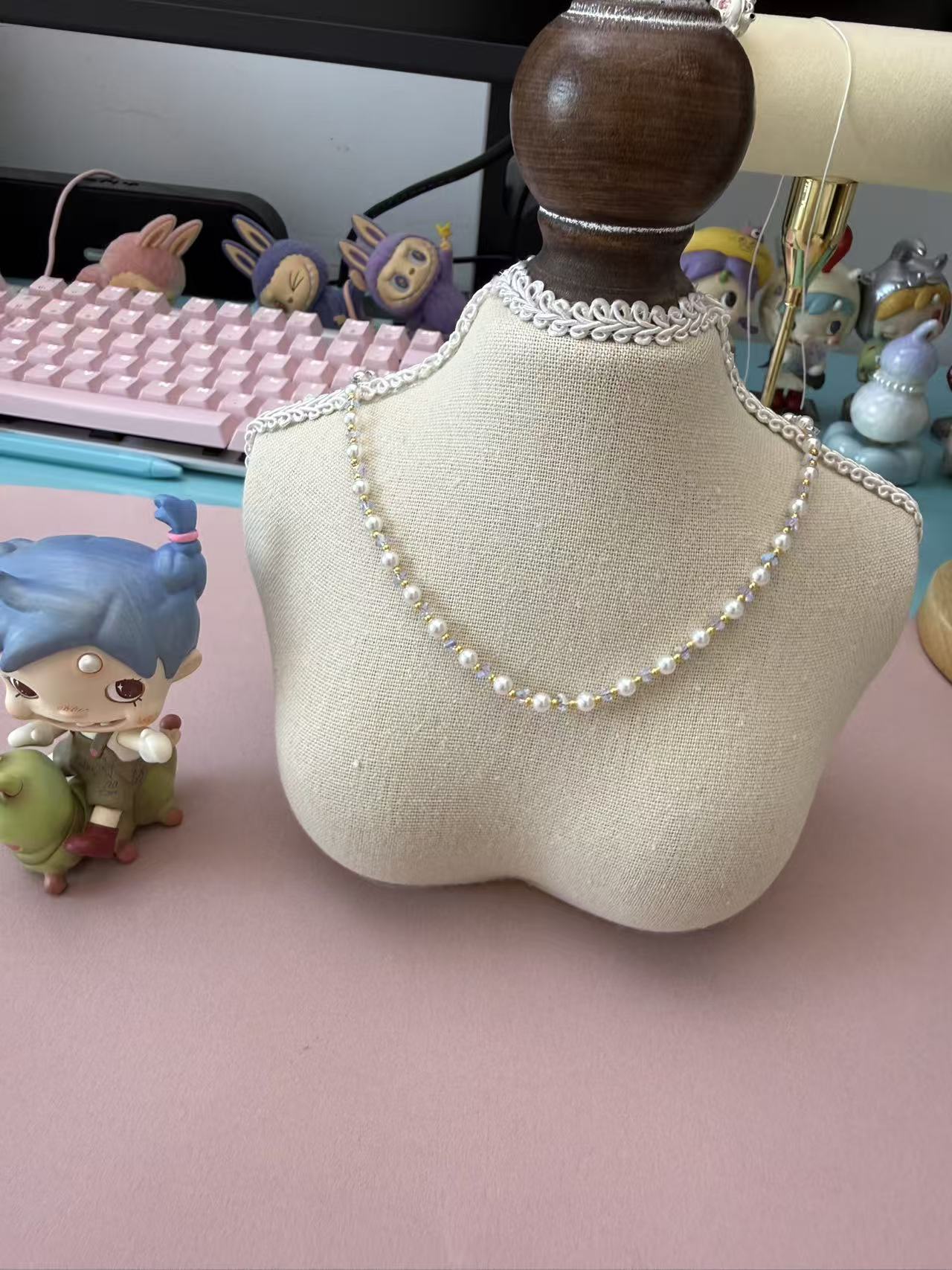 Long Pearl & Crystal Beaded Necklace | Gold Plated Layerable Chain N74