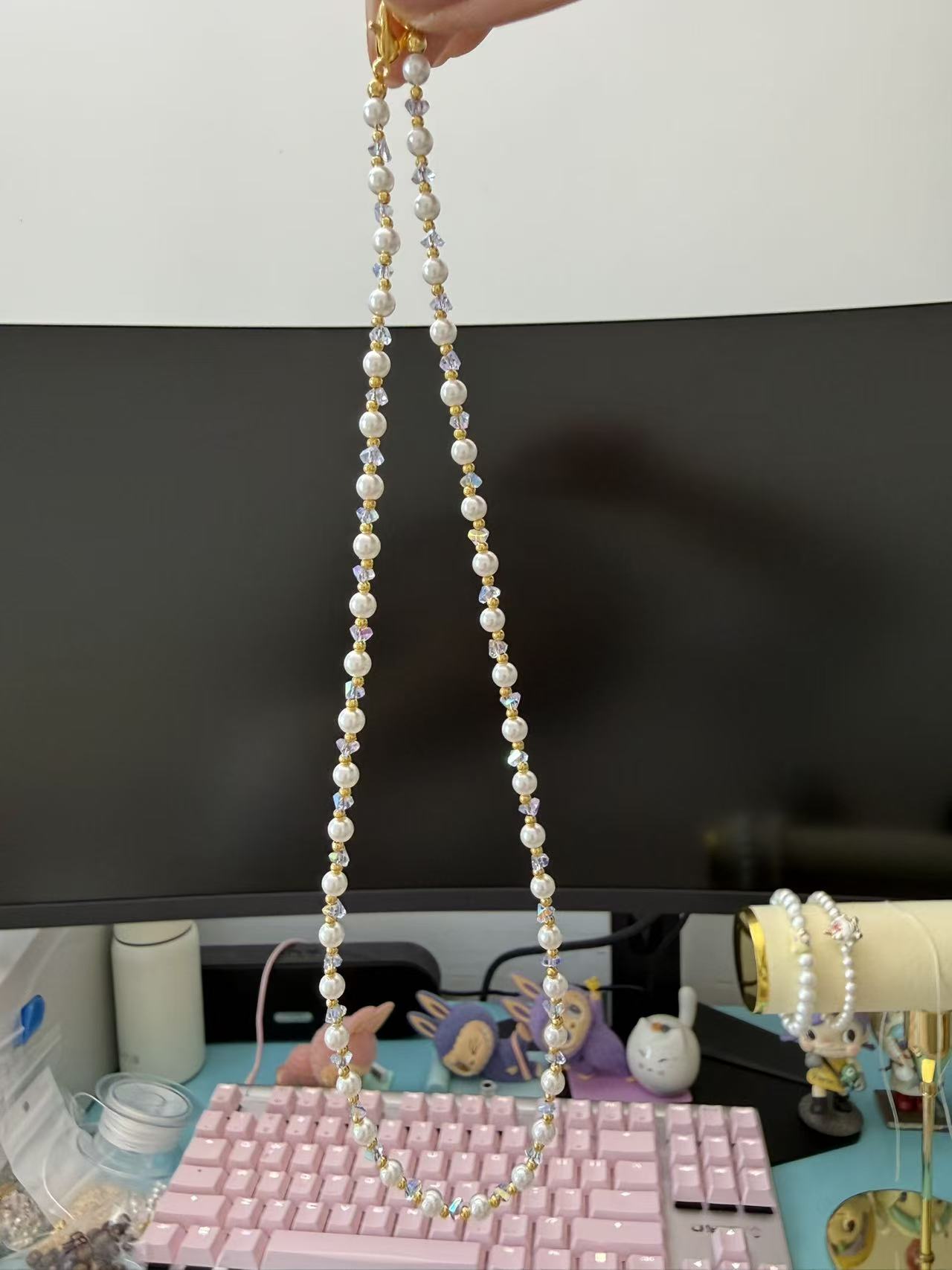Long Pearl & Crystal Beaded Necklace | Gold Plated Layerable Chain N74