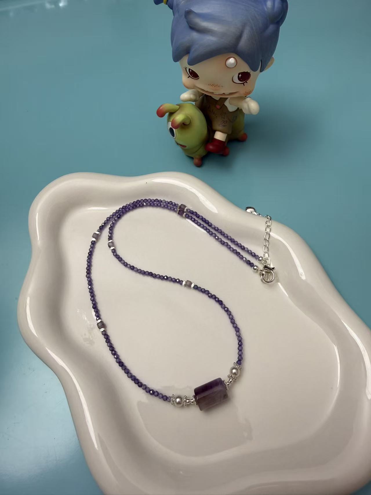 Amethyst Beaded Choker with Barrel Charm | Adjustable Silver Plated Necklace N55