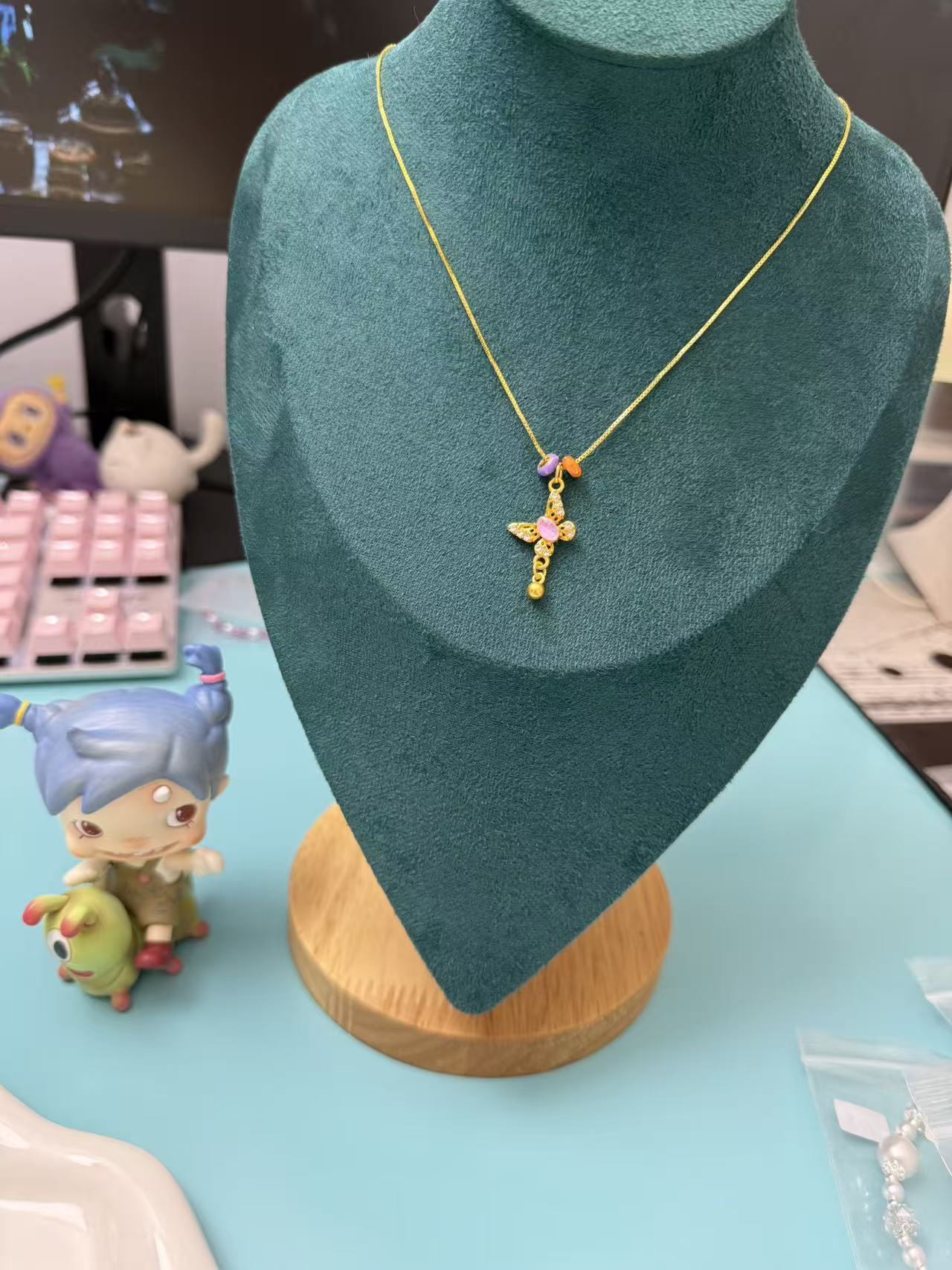 Gold Plated Box Chain Necklace with Pink CZ Cross Charm | Adjustable Choker N60