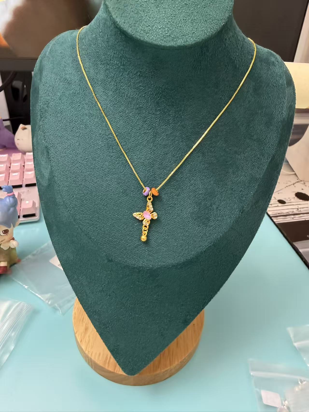 Gold Plated Box Chain Necklace with Pink CZ Cross Charm | Adjustable Choker N60