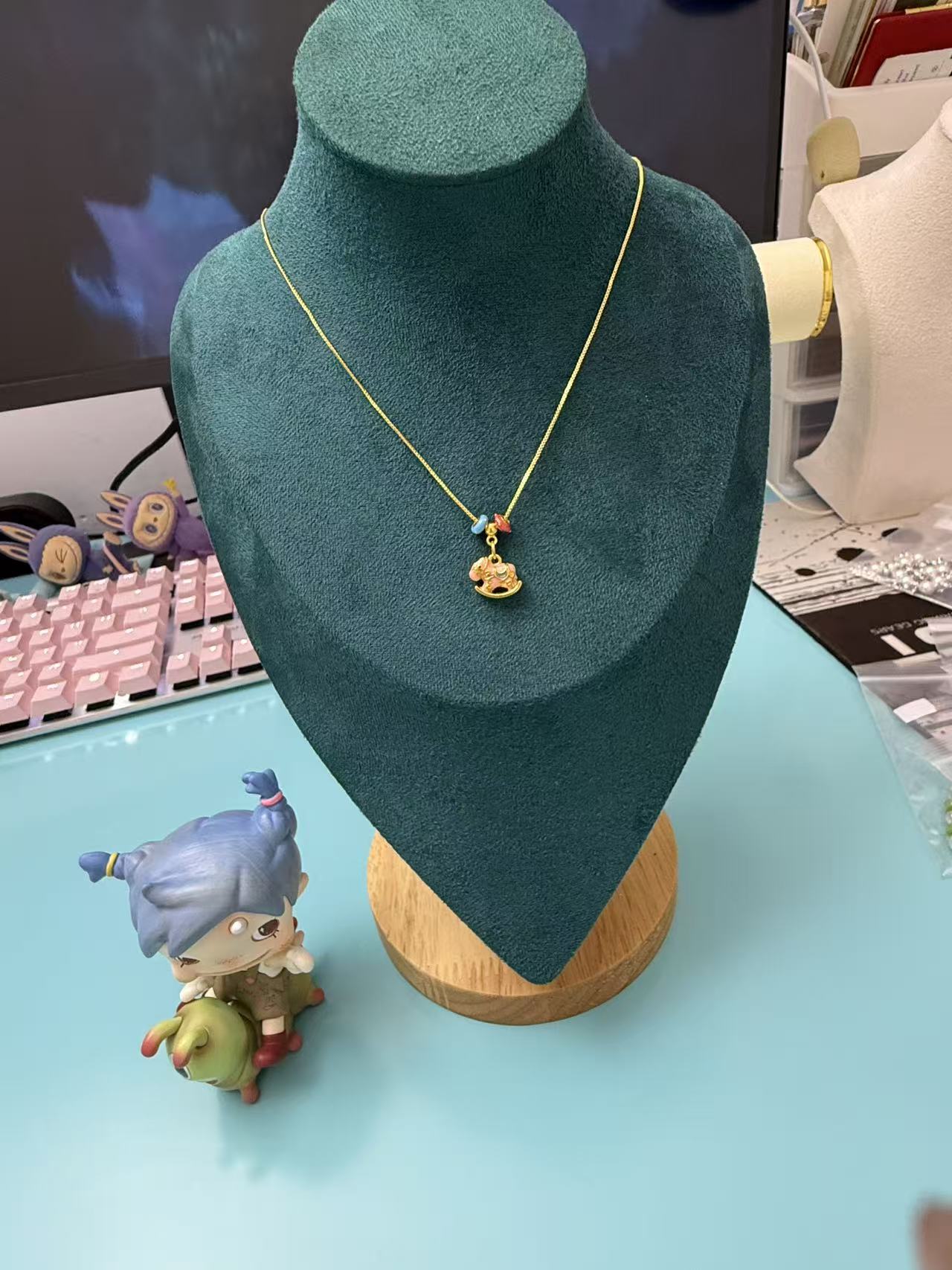 Gold Box Chain Necklace with Enamel Rocking Horse Charm | Adjustable Choker N59
