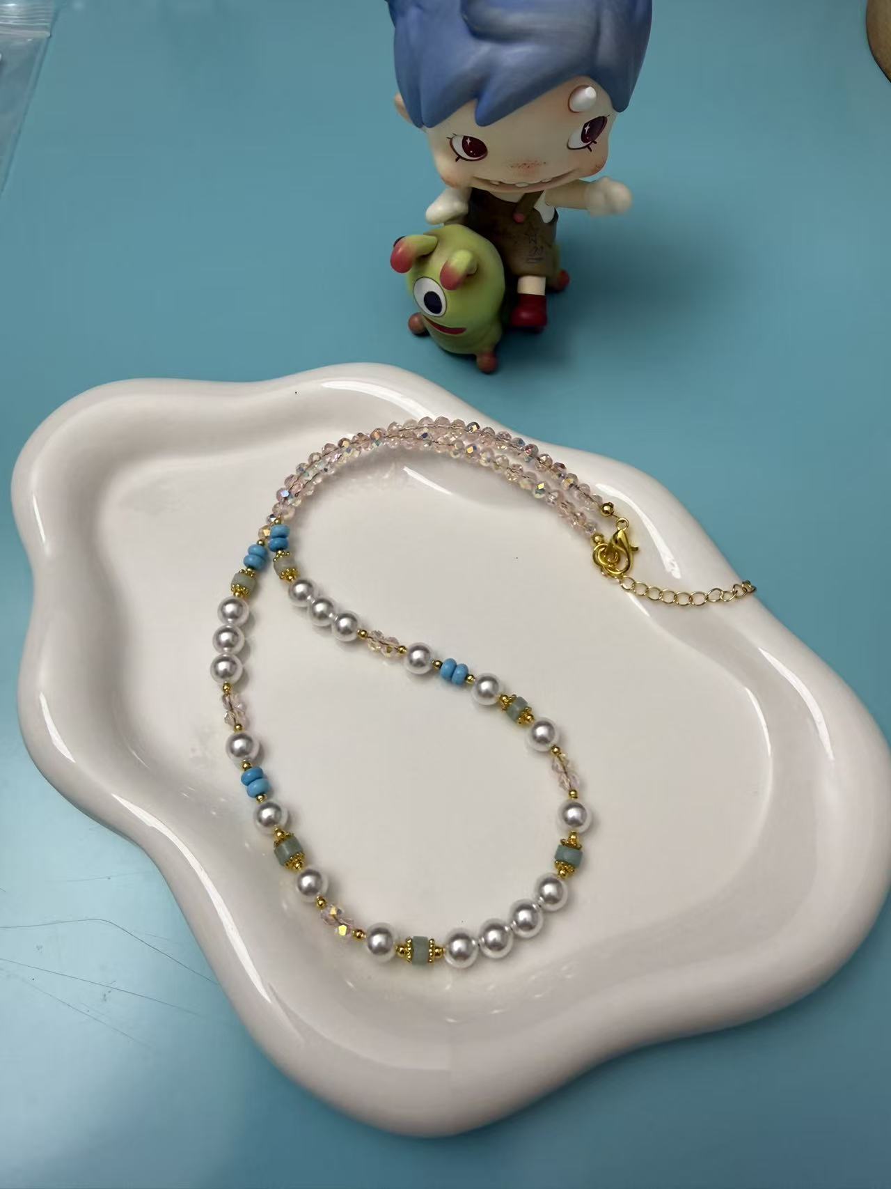 Freshwater Pearl & Pastel Blue Beaded Necklace | Gold Accent Layerable Choker N58