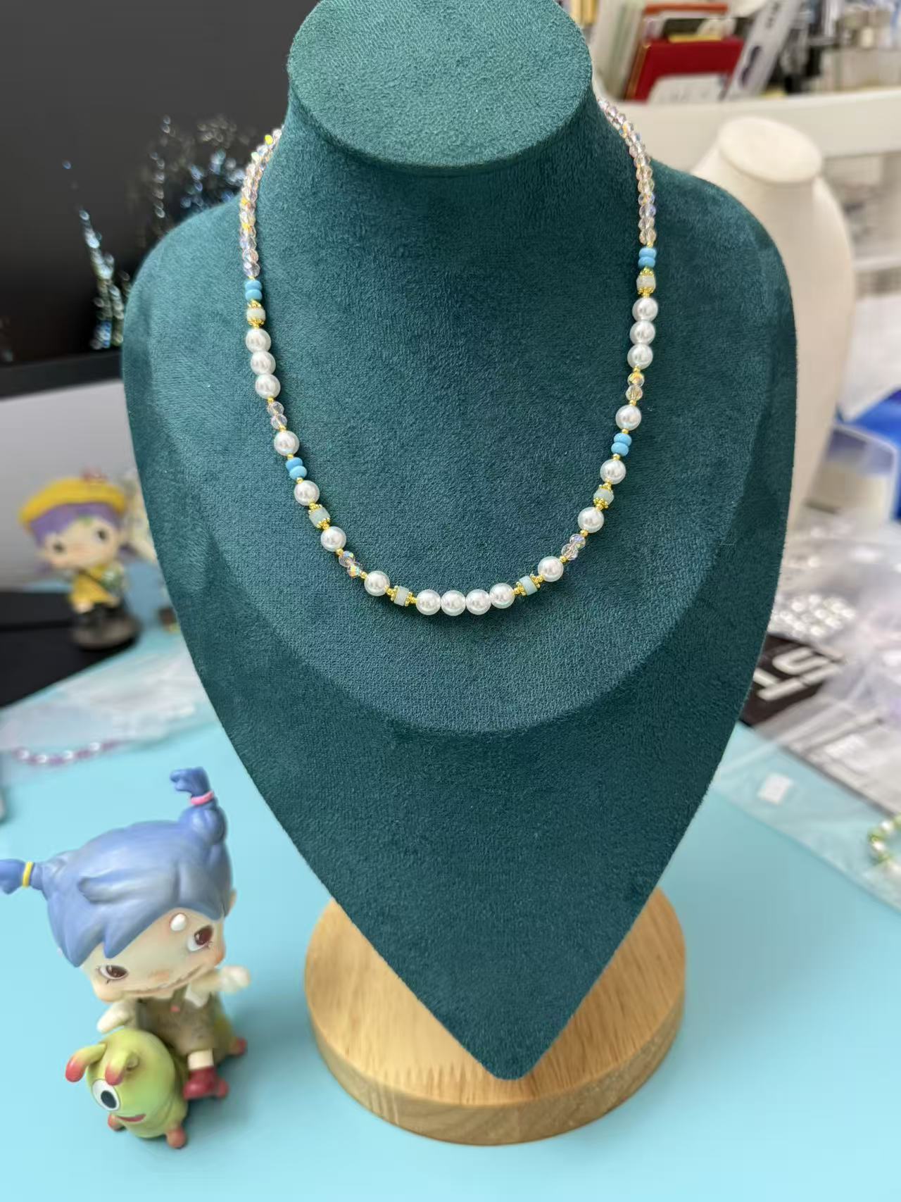 Freshwater Pearl & Pastel Blue Beaded Necklace | Gold Accent Layerable Choker N58