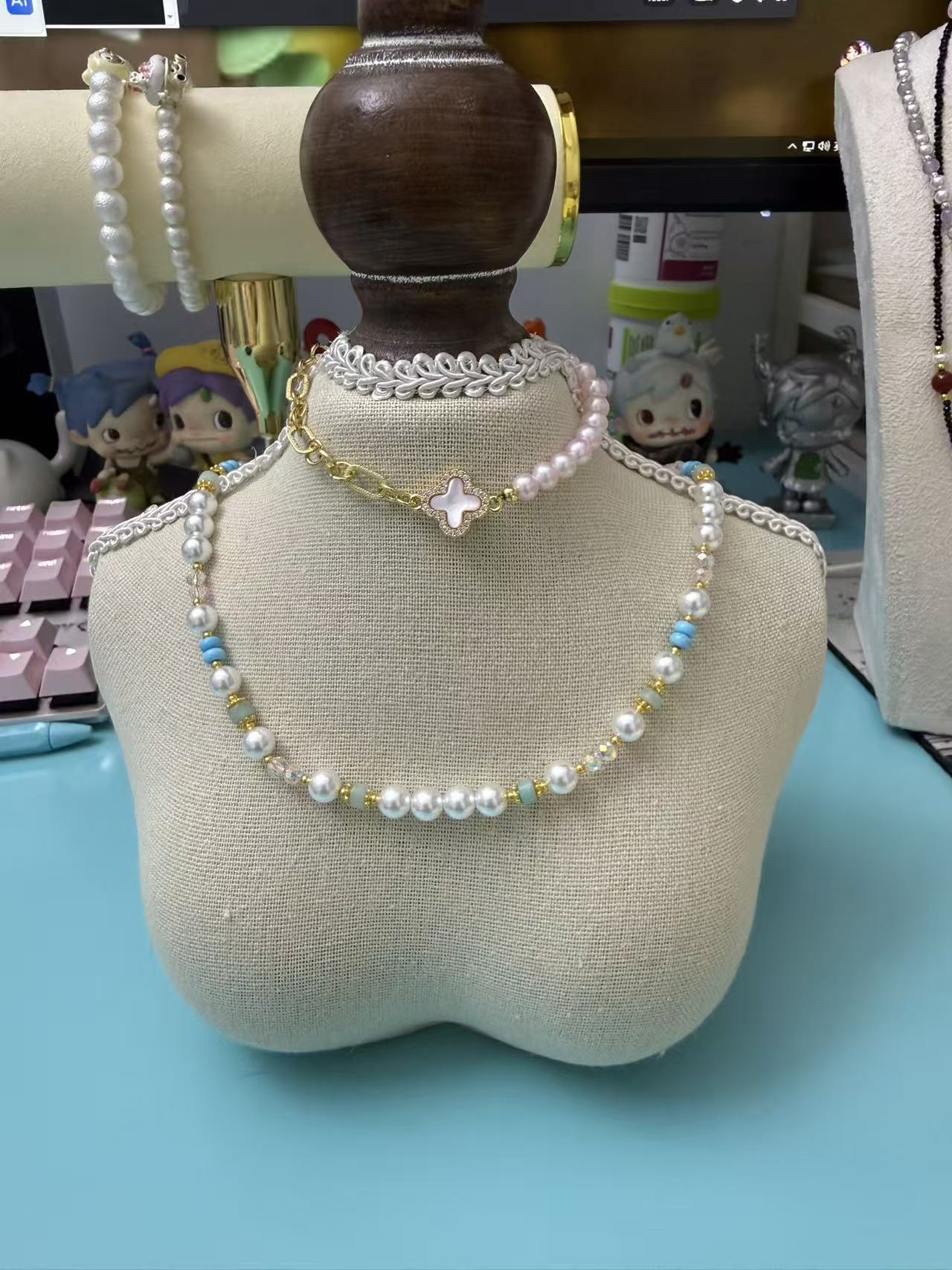 Freshwater Pearl & Pastel Blue Beaded Necklace | Gold Accent Layerable Choker N58
