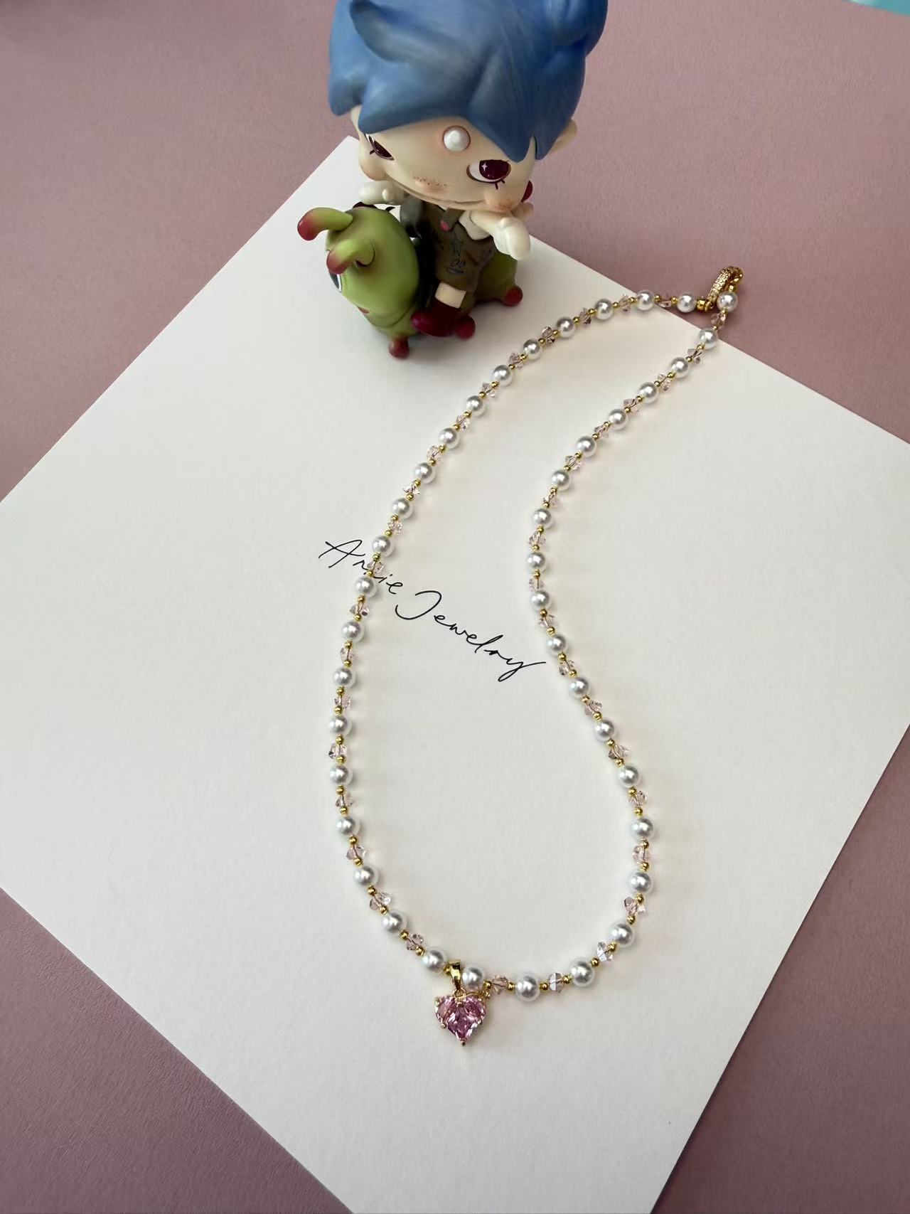 Pearl & Pink Crystal Beaded Necklace with Heart Charm | Gold Plated Adjustable Choker N67