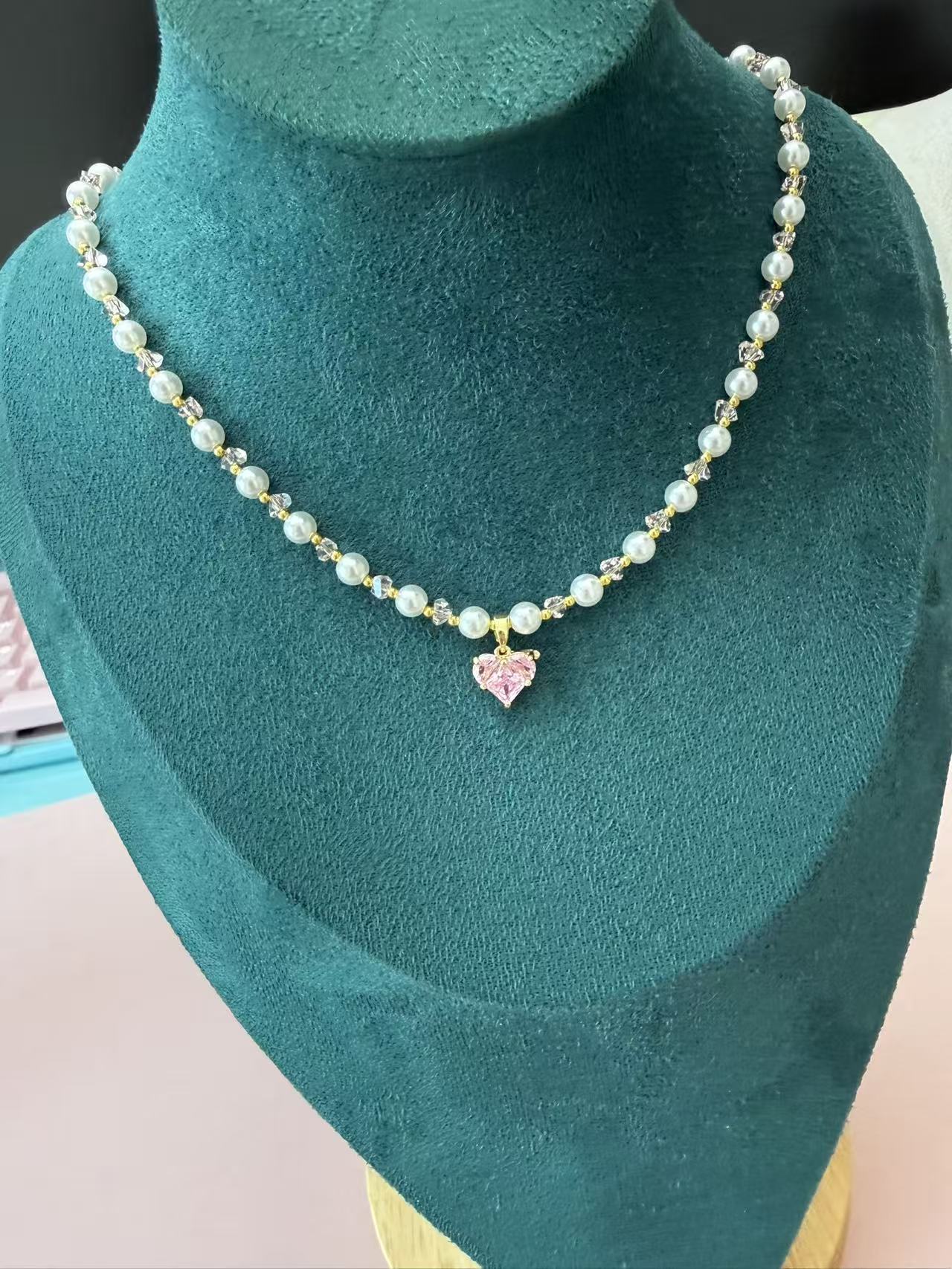 Pearl & Pink Crystal Beaded Necklace with Heart Charm | Gold Plated Adjustable Choker N67